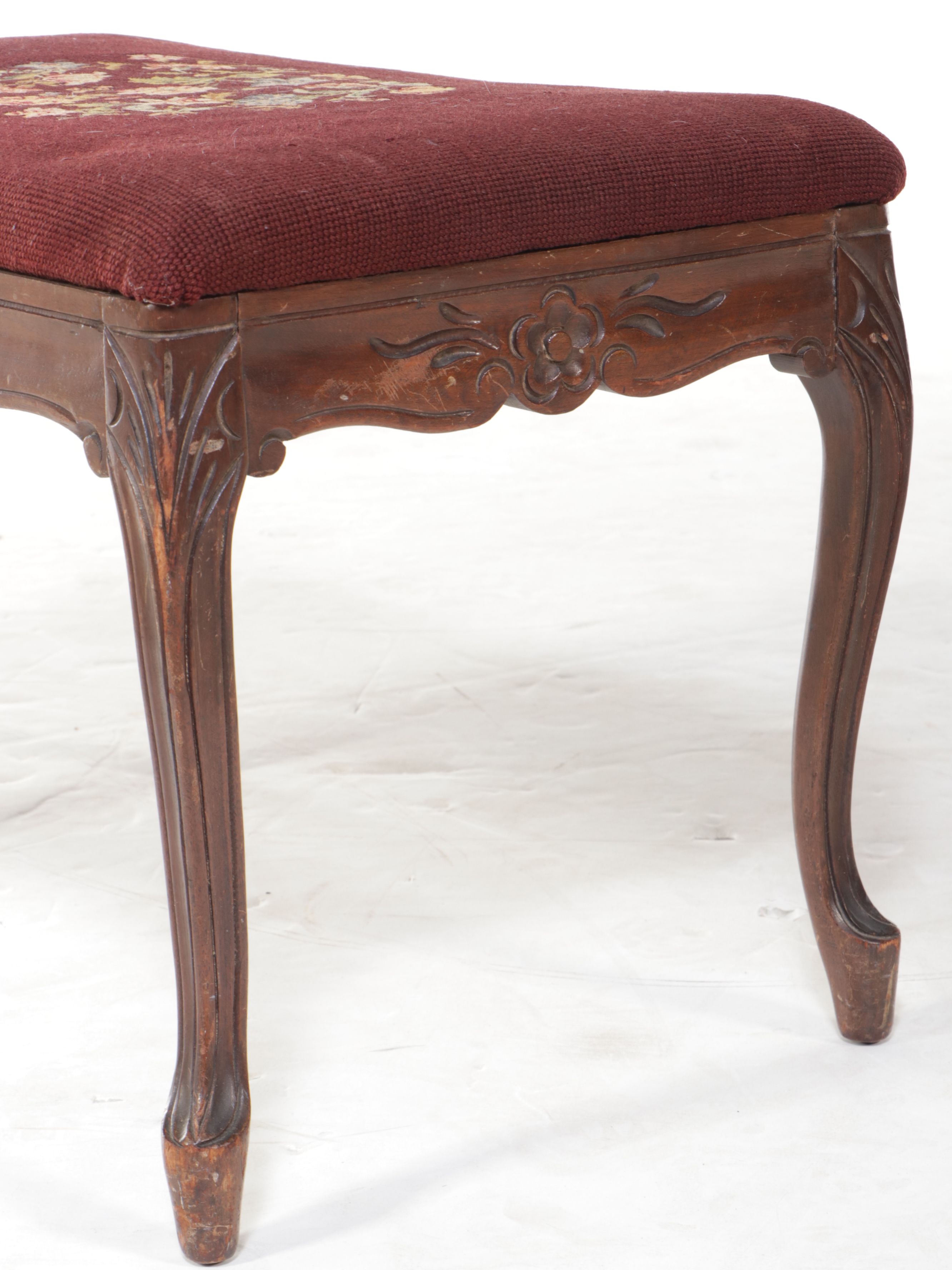 Victorian Style Floral Needlepoint Carved Mahogany Footstool