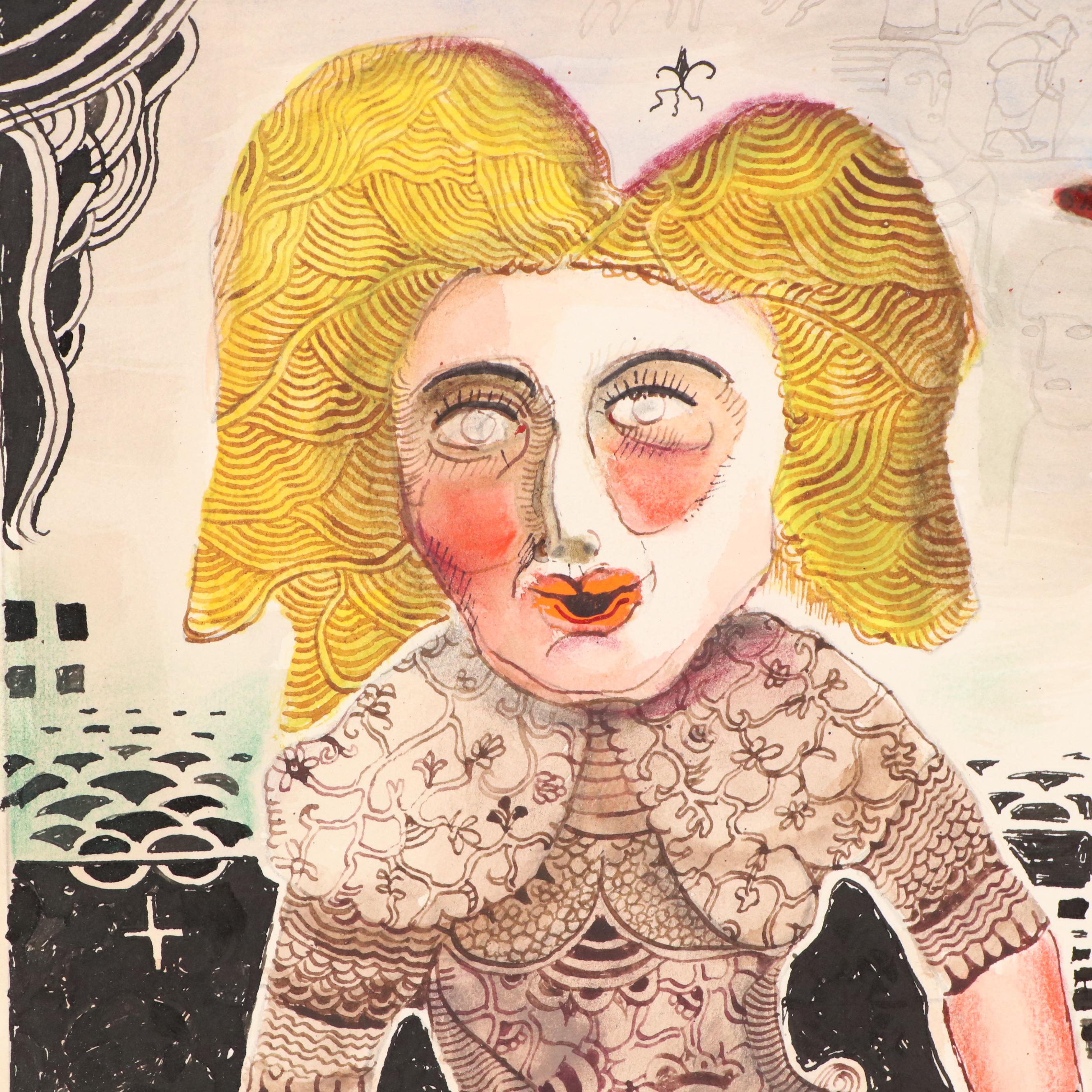 Nikolay "Kuk" Manuylov Figural Surrealist Mixed Media Painting, 1998