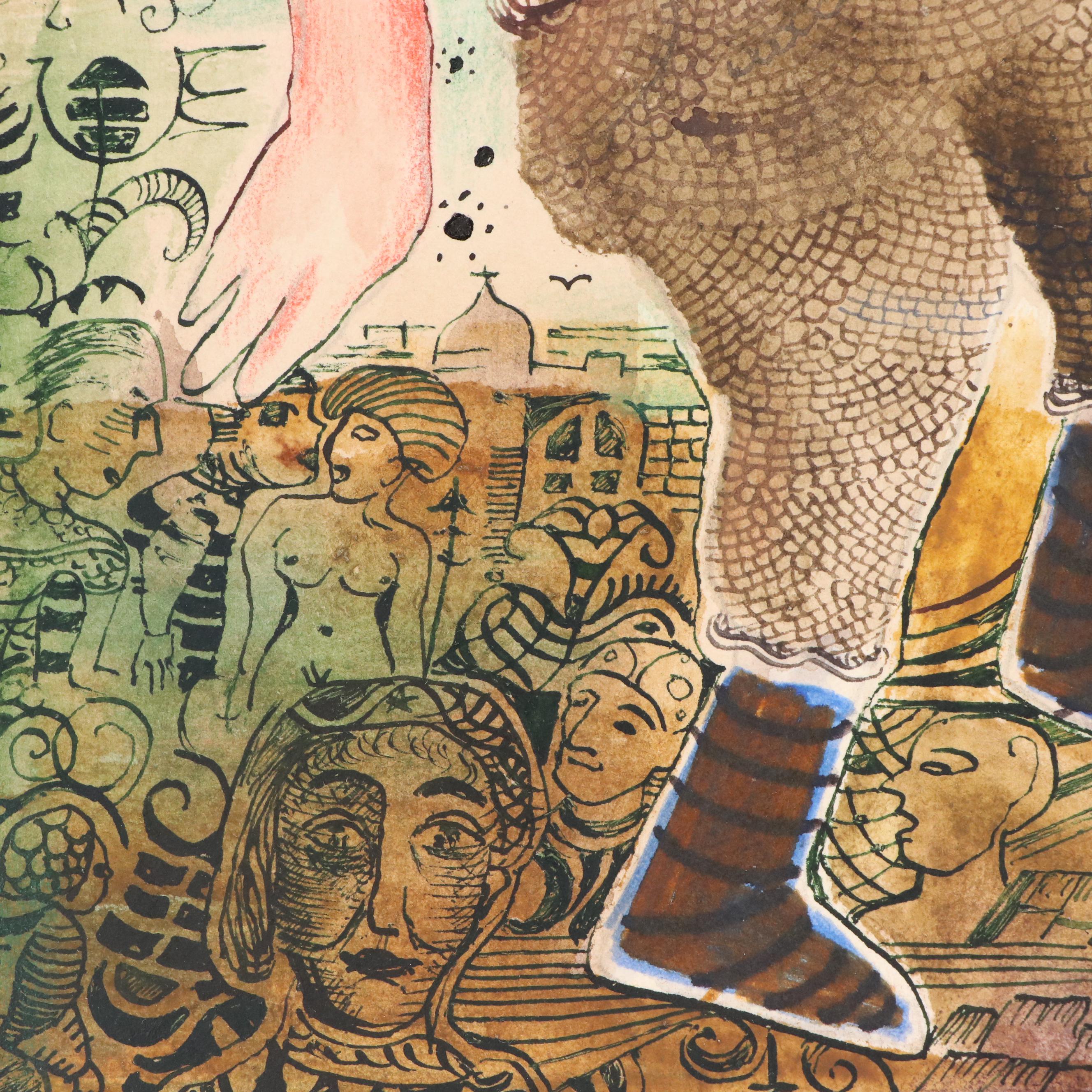 Nikolay "Kuk" Manuylov Figural Surrealist Mixed Media Painting, 1998