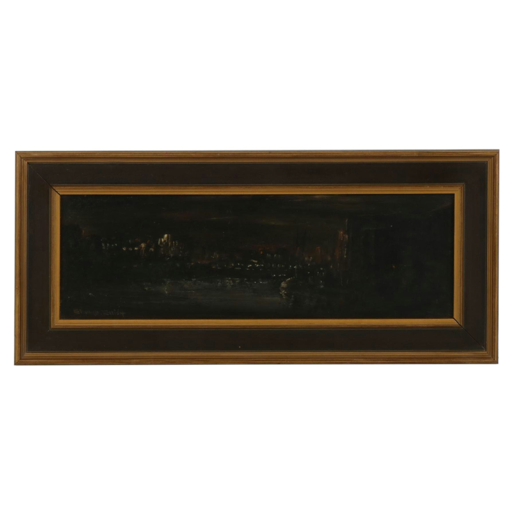 Edward Elliot Brutalist Night Cityscape Oil Painting, Mid 20th Century