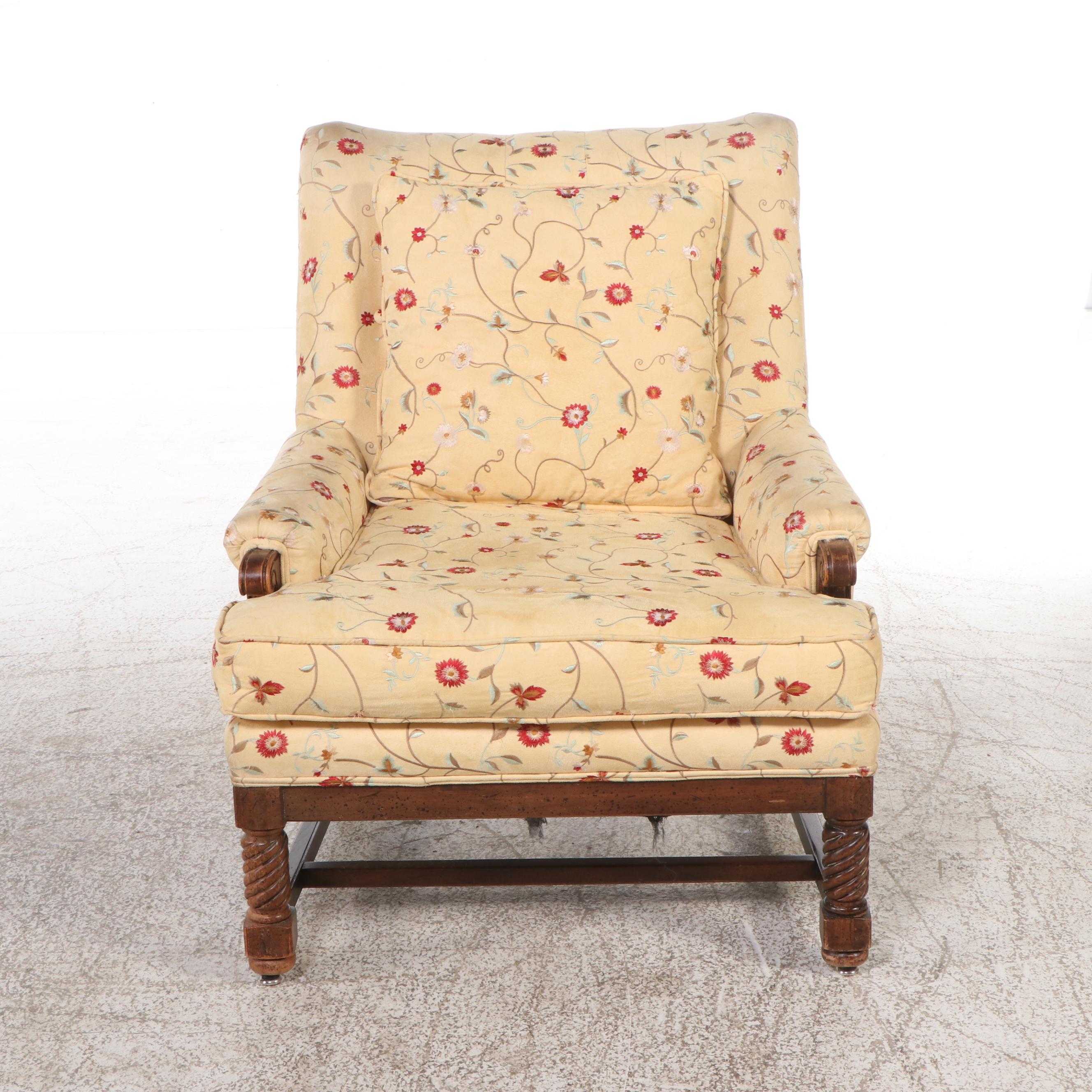 Yellow Floral Motif Armchair and Ottoman