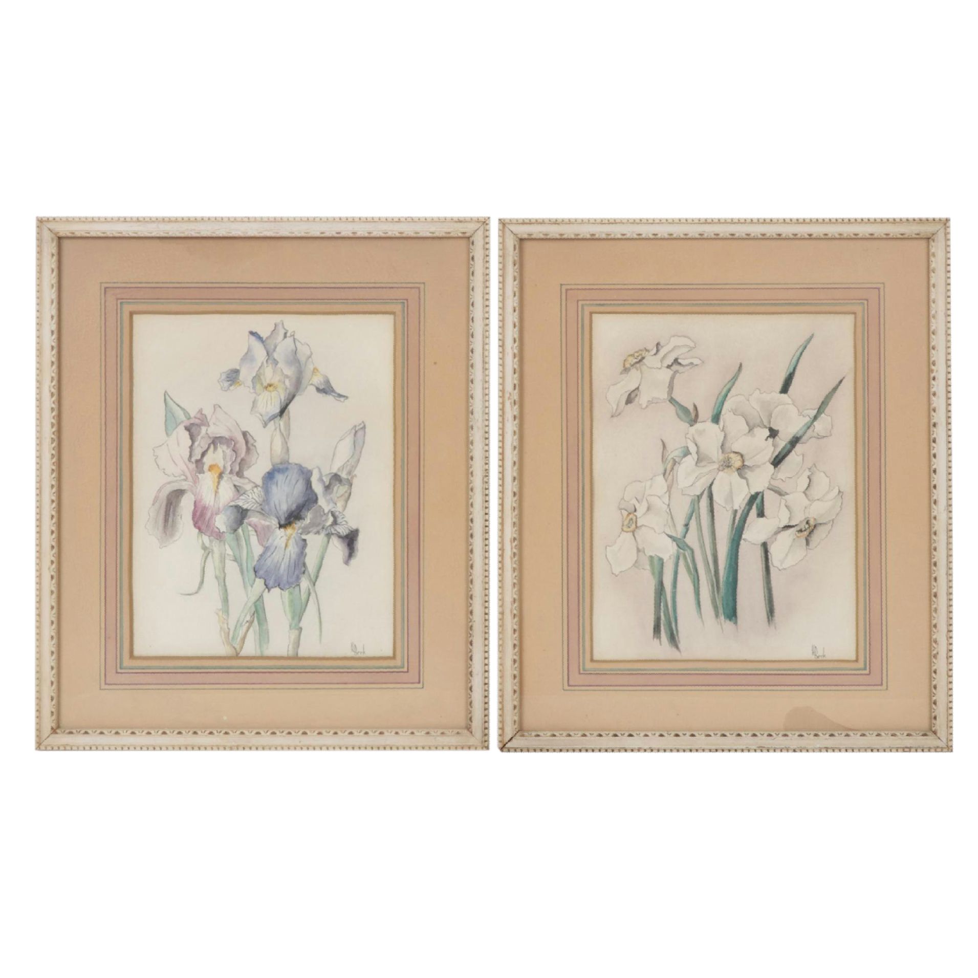 Pair of Framed Floral Watercolors, Mid-20th Century