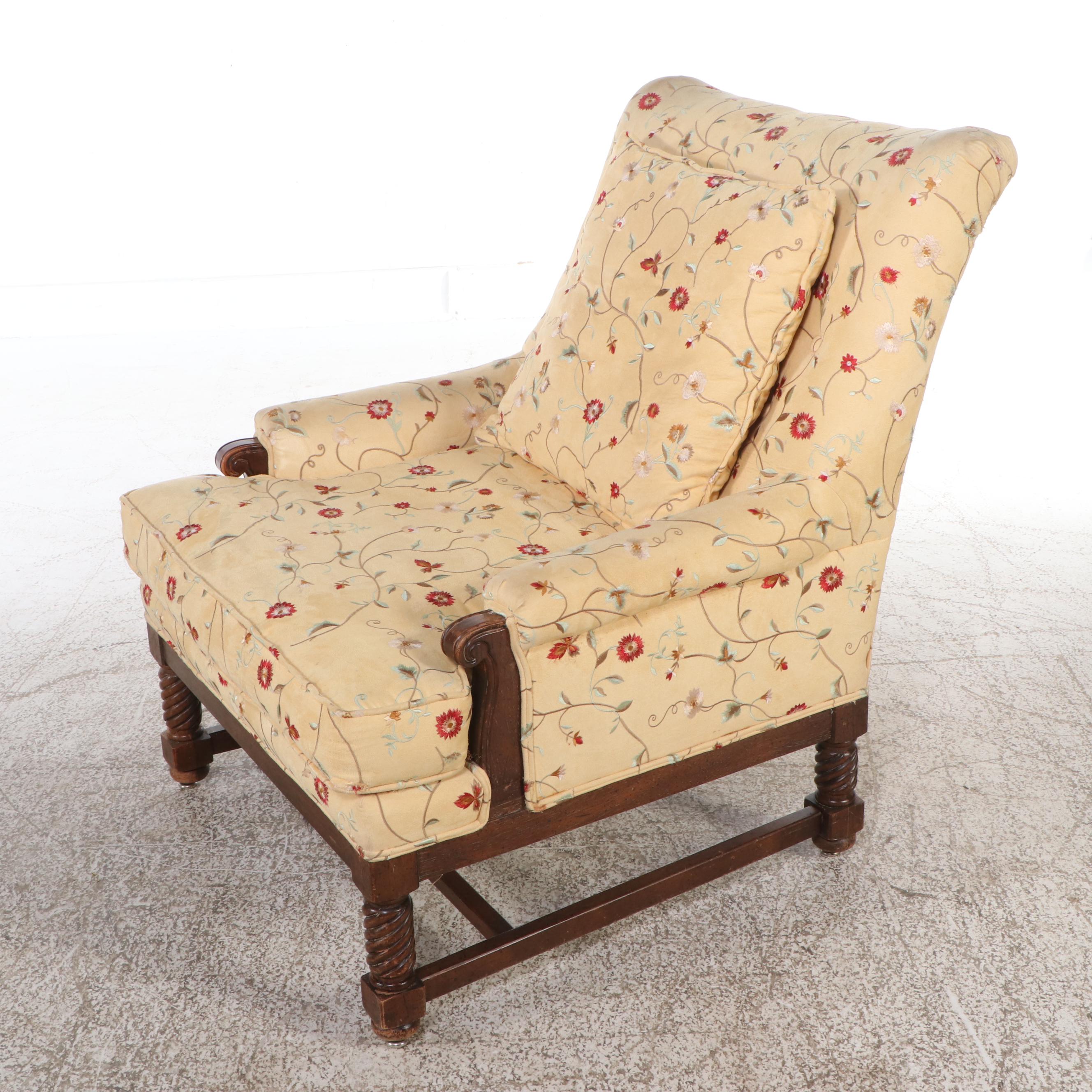 Yellow Floral Motif Armchair and Ottoman