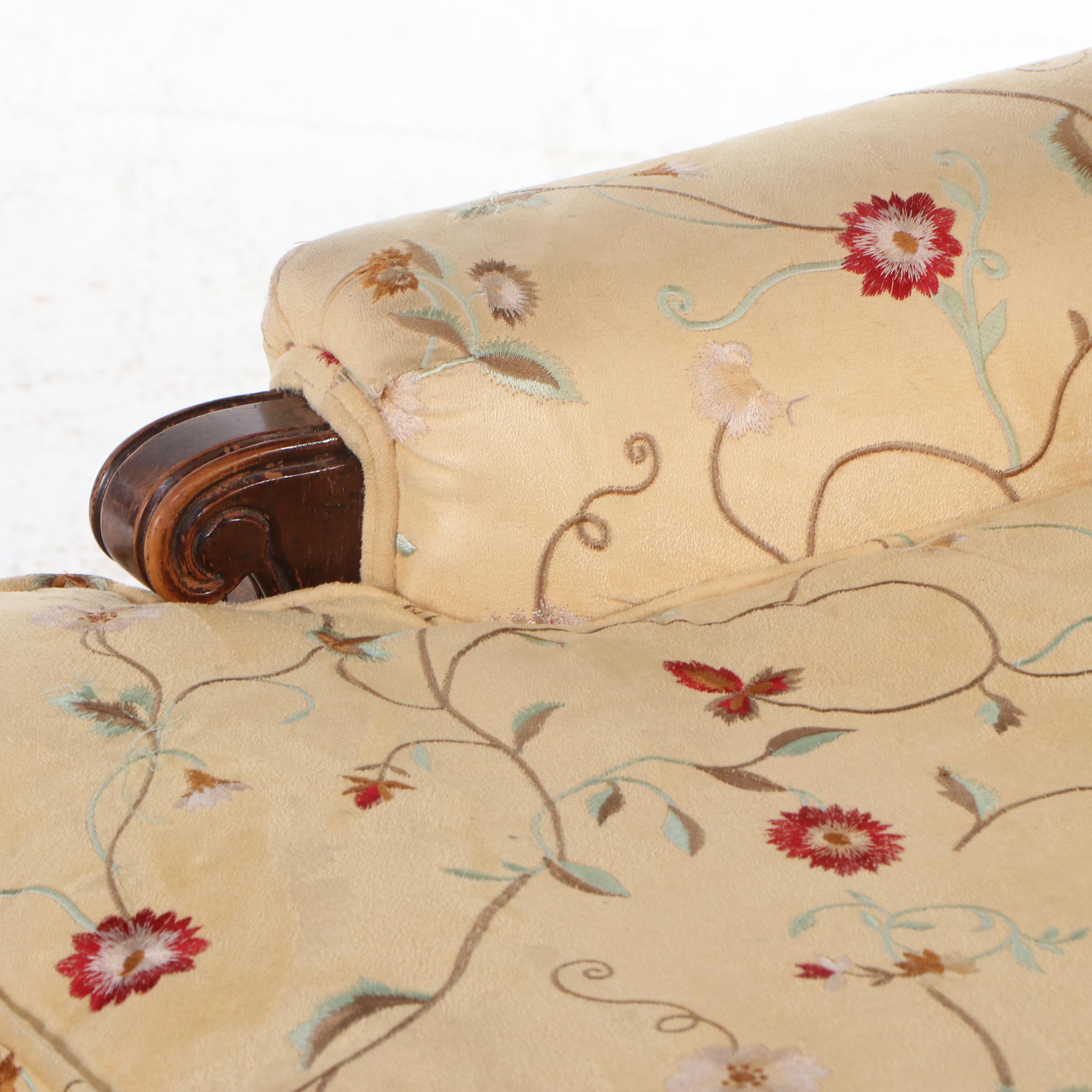 Yellow Floral Motif Armchair and Ottoman