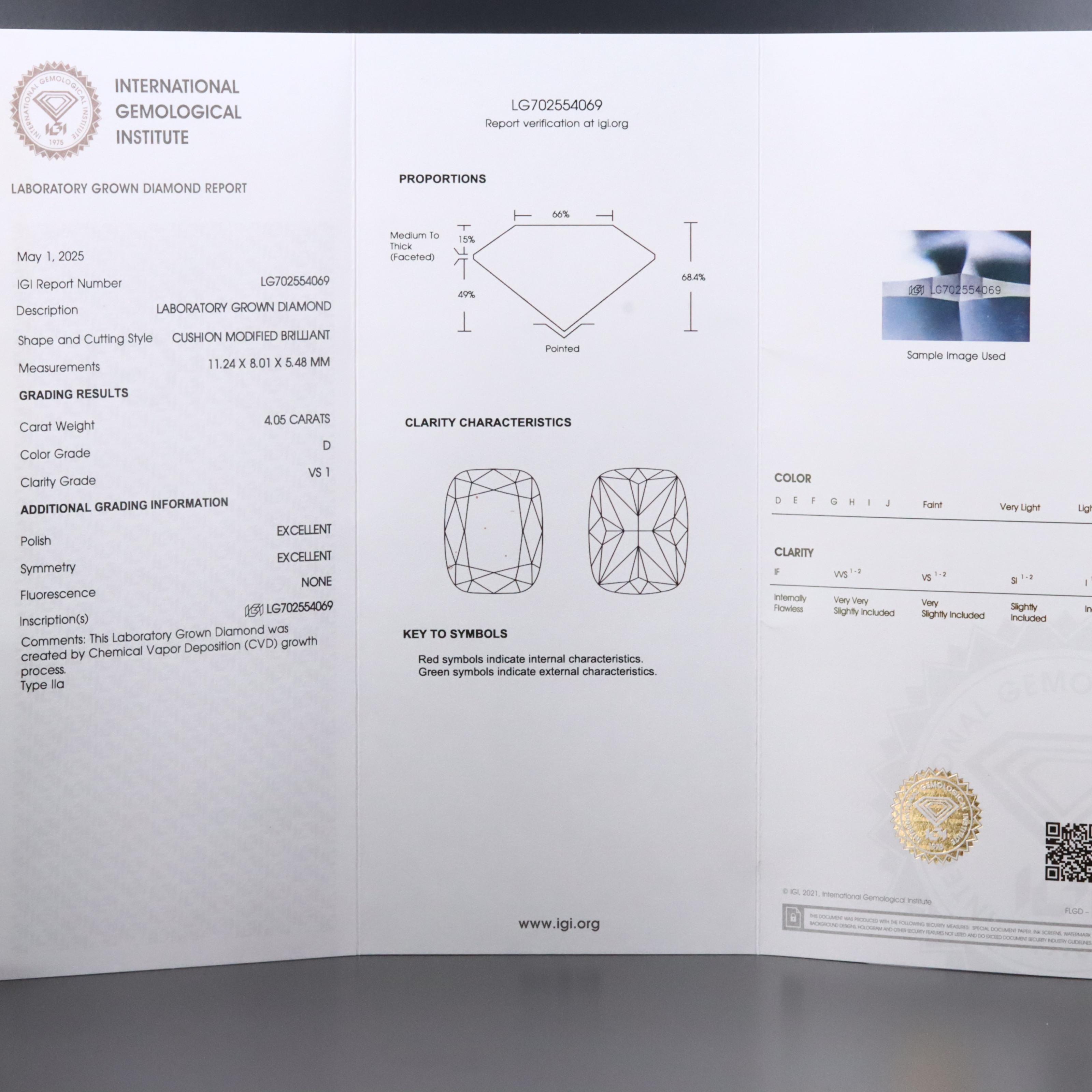 Loose 4.05 CT Lab Grown Diamond with IGI Report