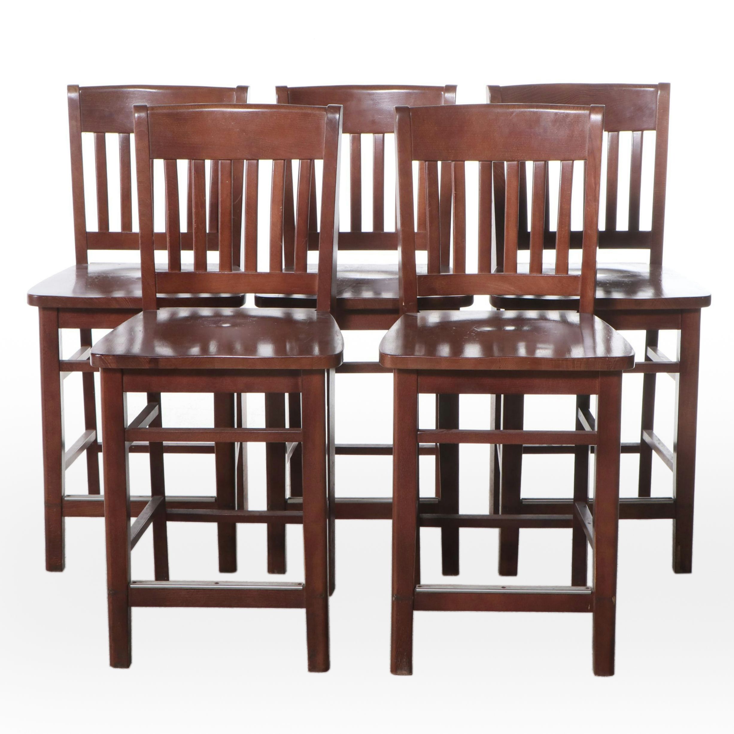 Set of Five Oak Slat-Back Barstools