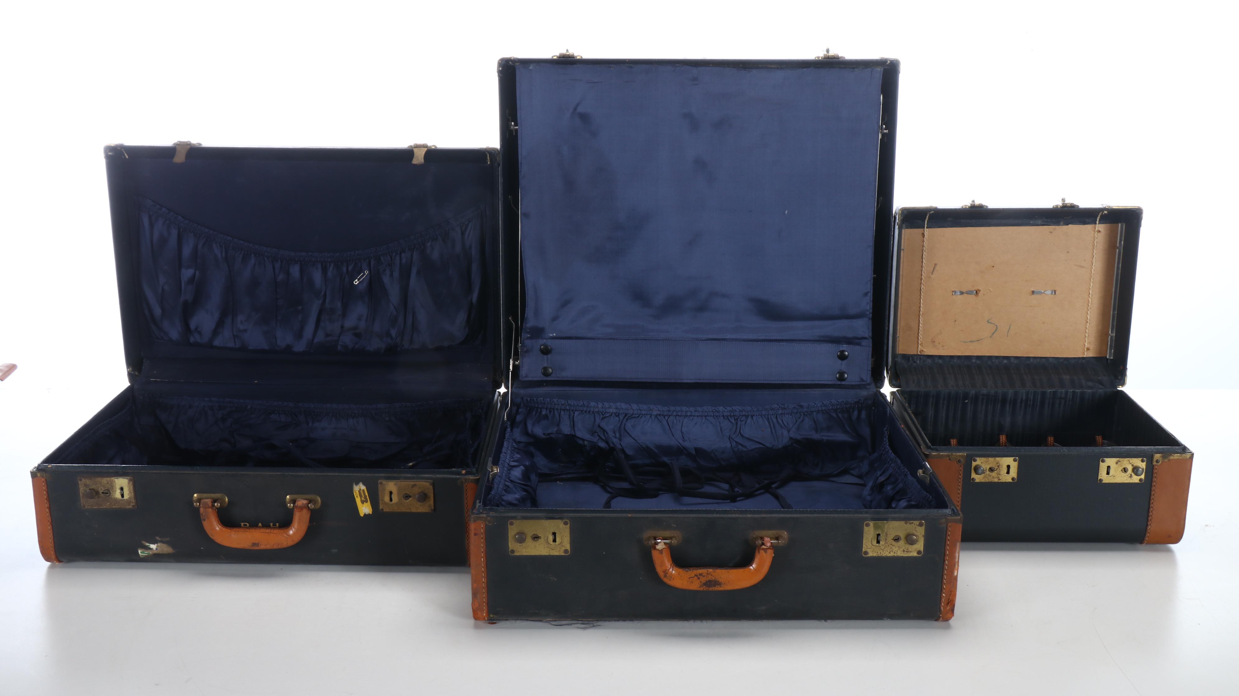 Collection of Leather-Trimmed Wood Handle Hardside Suitcases and Vanity Bag