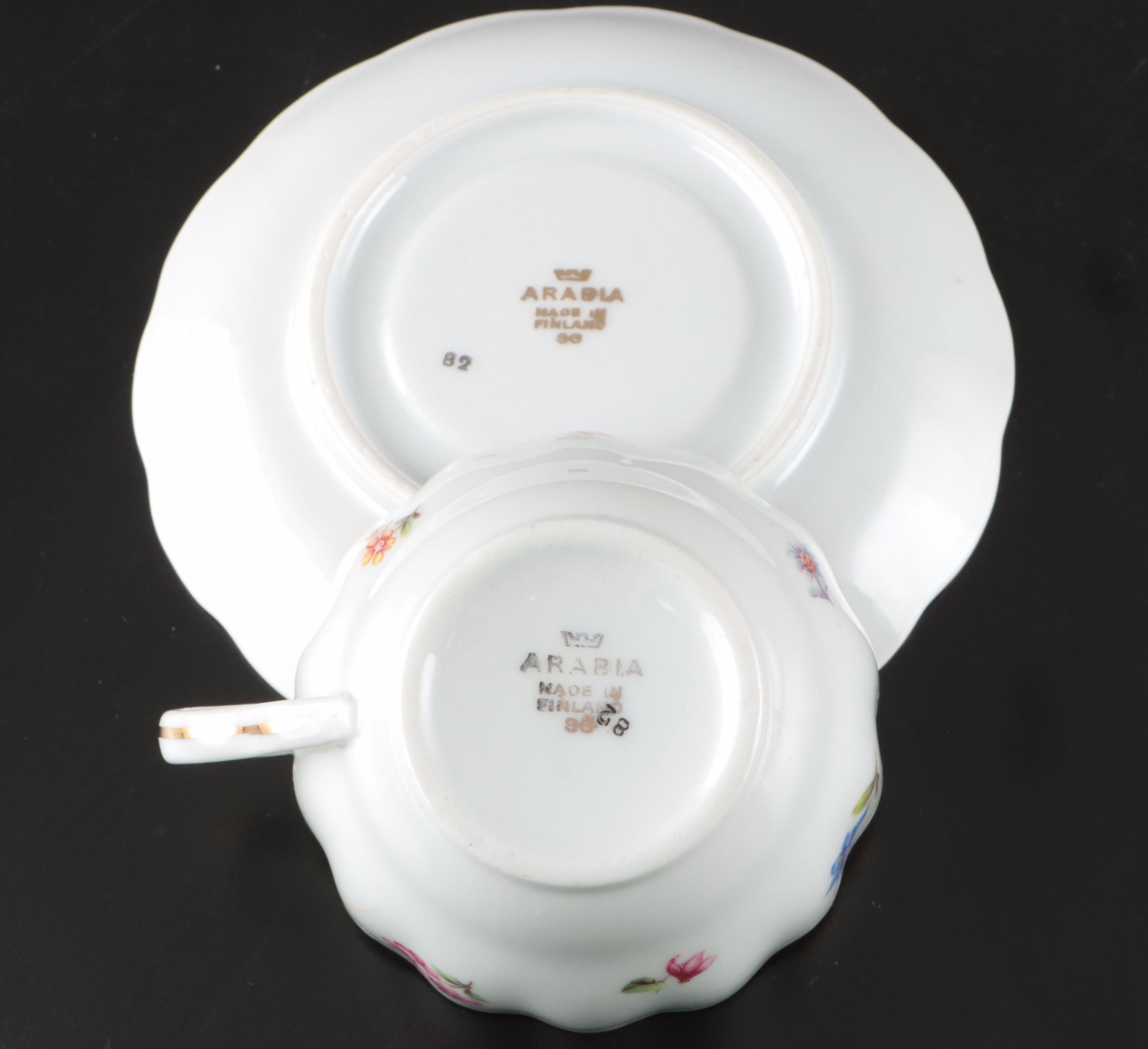 Arabia Floral Porcelain Teacups and Saucers
