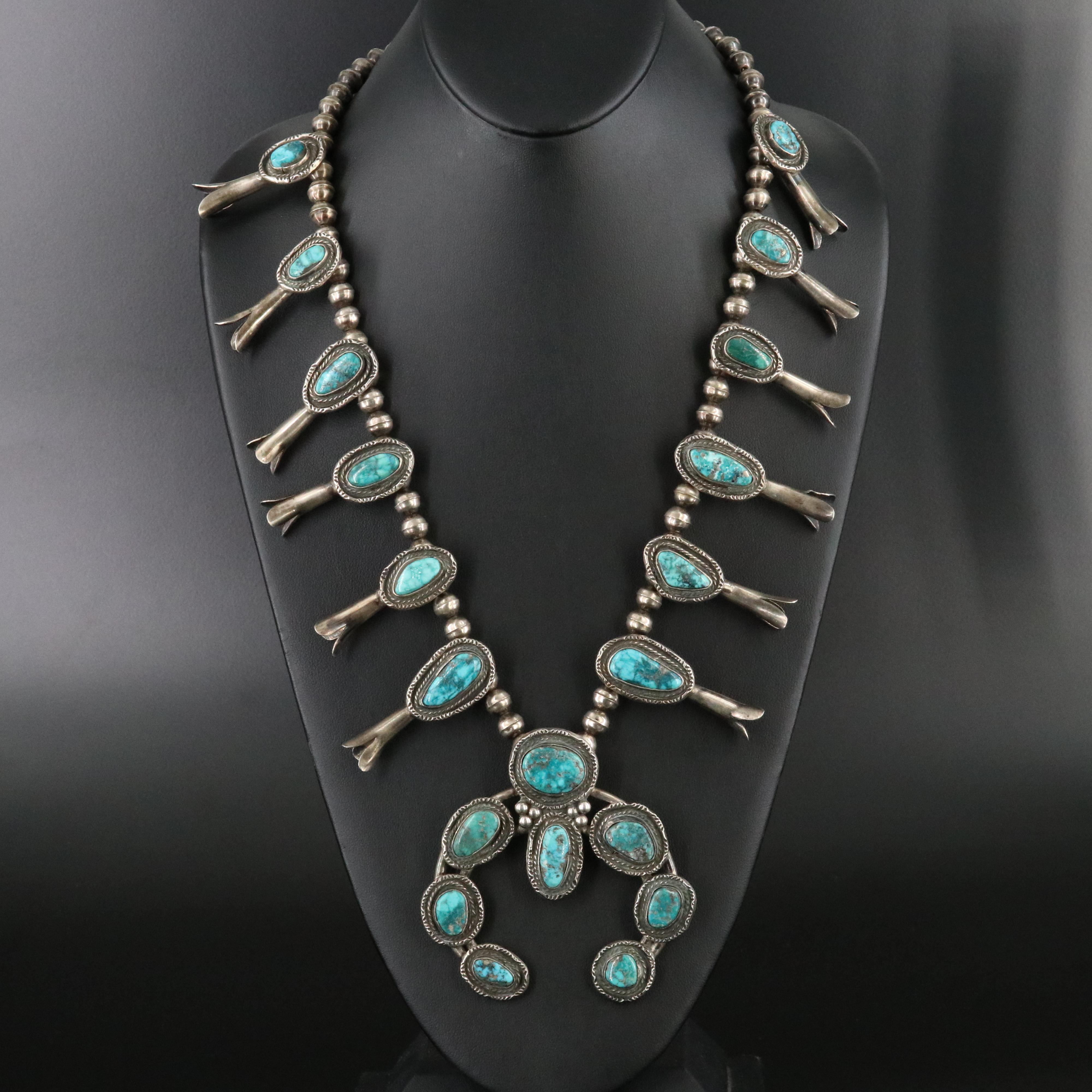 Vintage Southwestern Signed Sterling, Turquoise Squash Blossom Necklace