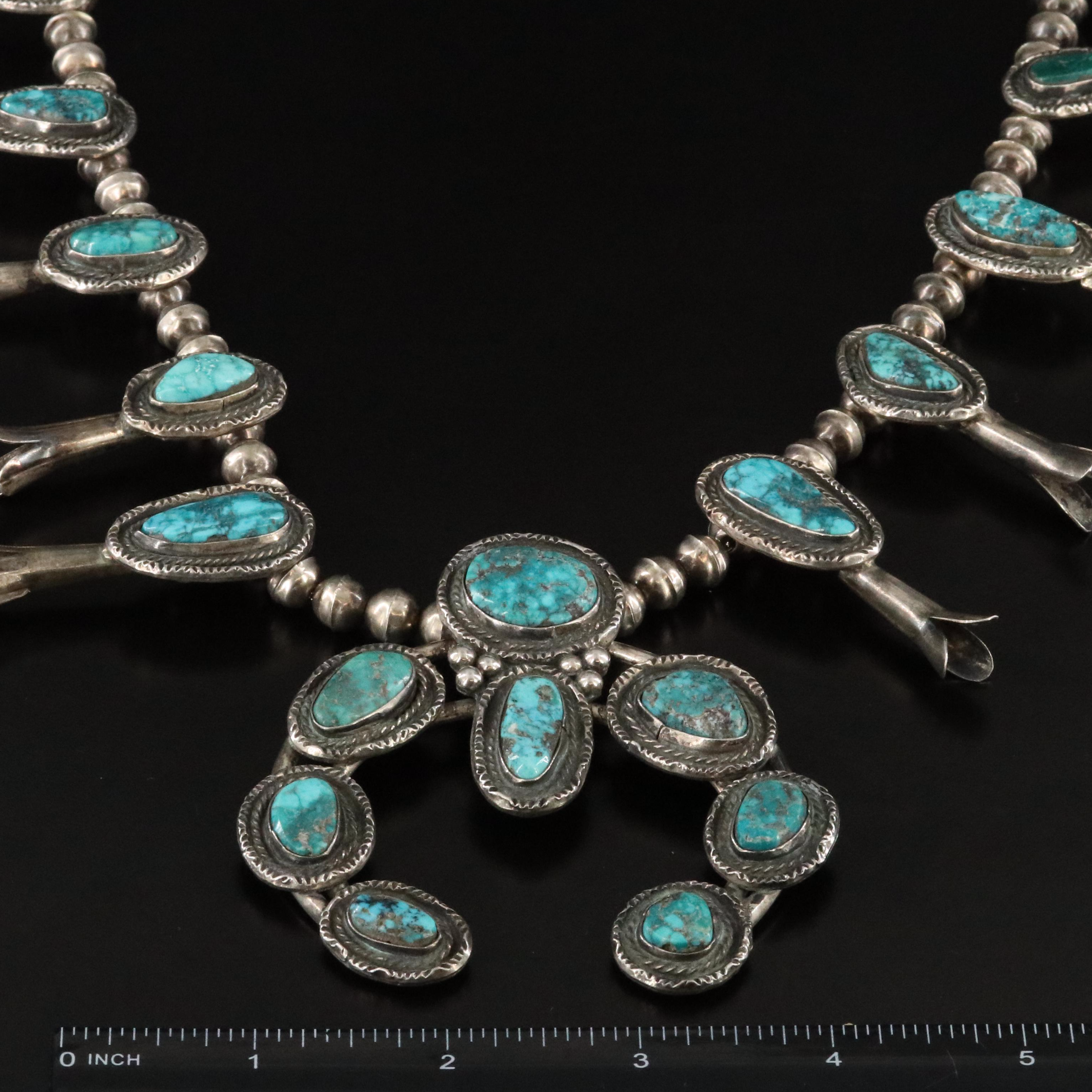 Vintage Southwestern Signed Sterling, Turquoise Squash Blossom Necklace