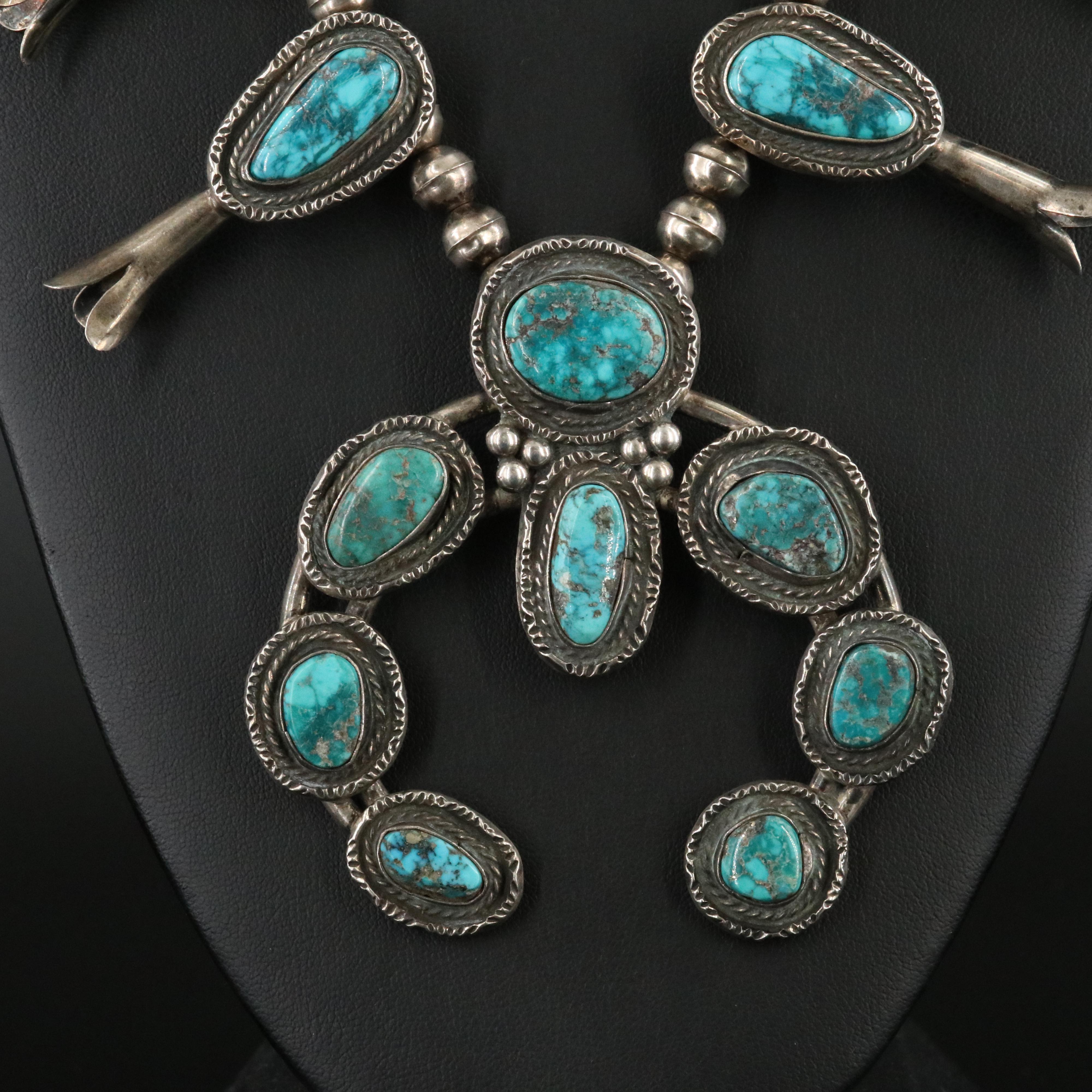 Vintage Southwestern Signed Sterling, Turquoise Squash Blossom Necklace