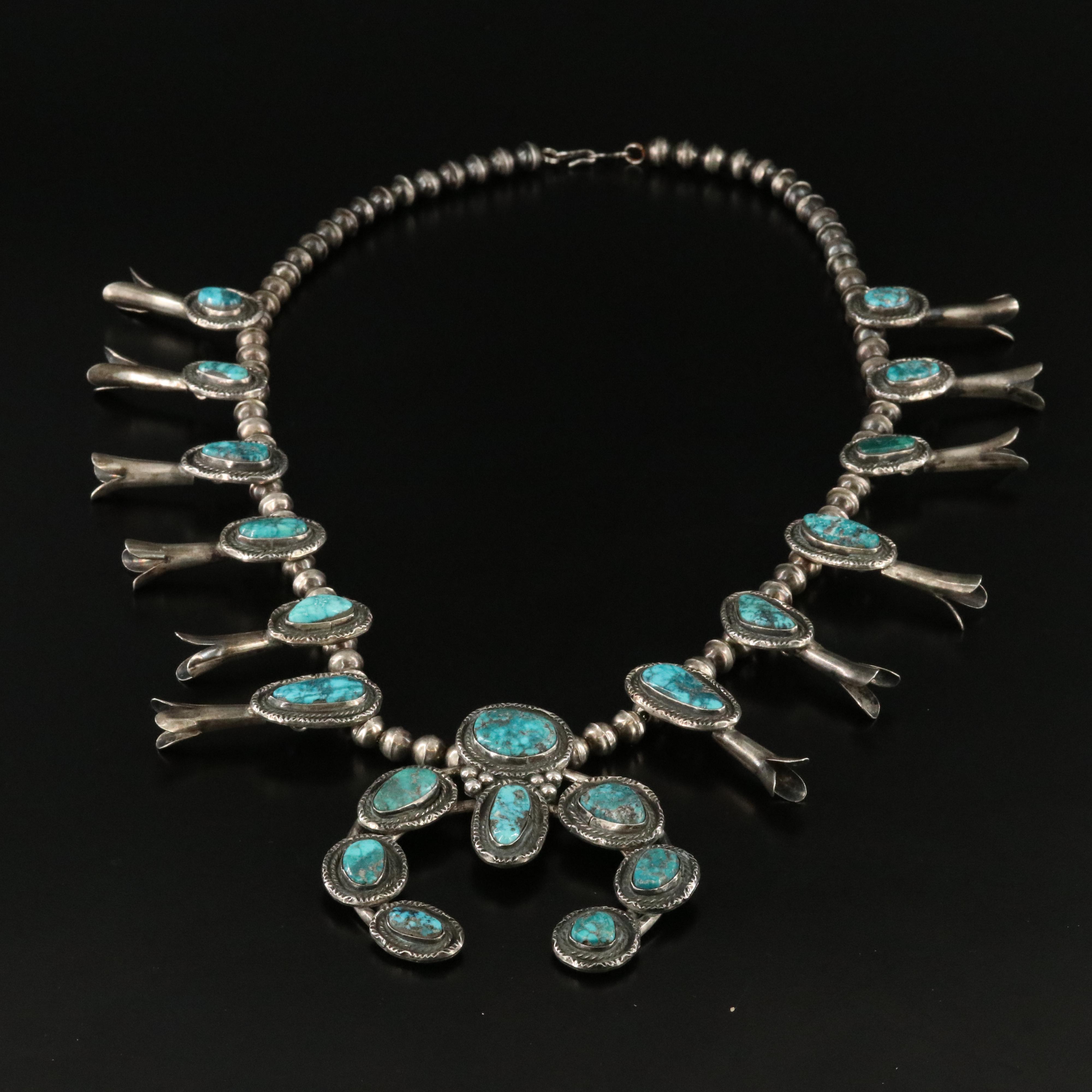 Vintage Southwestern Signed Sterling, Turquoise Squash Blossom Necklace
