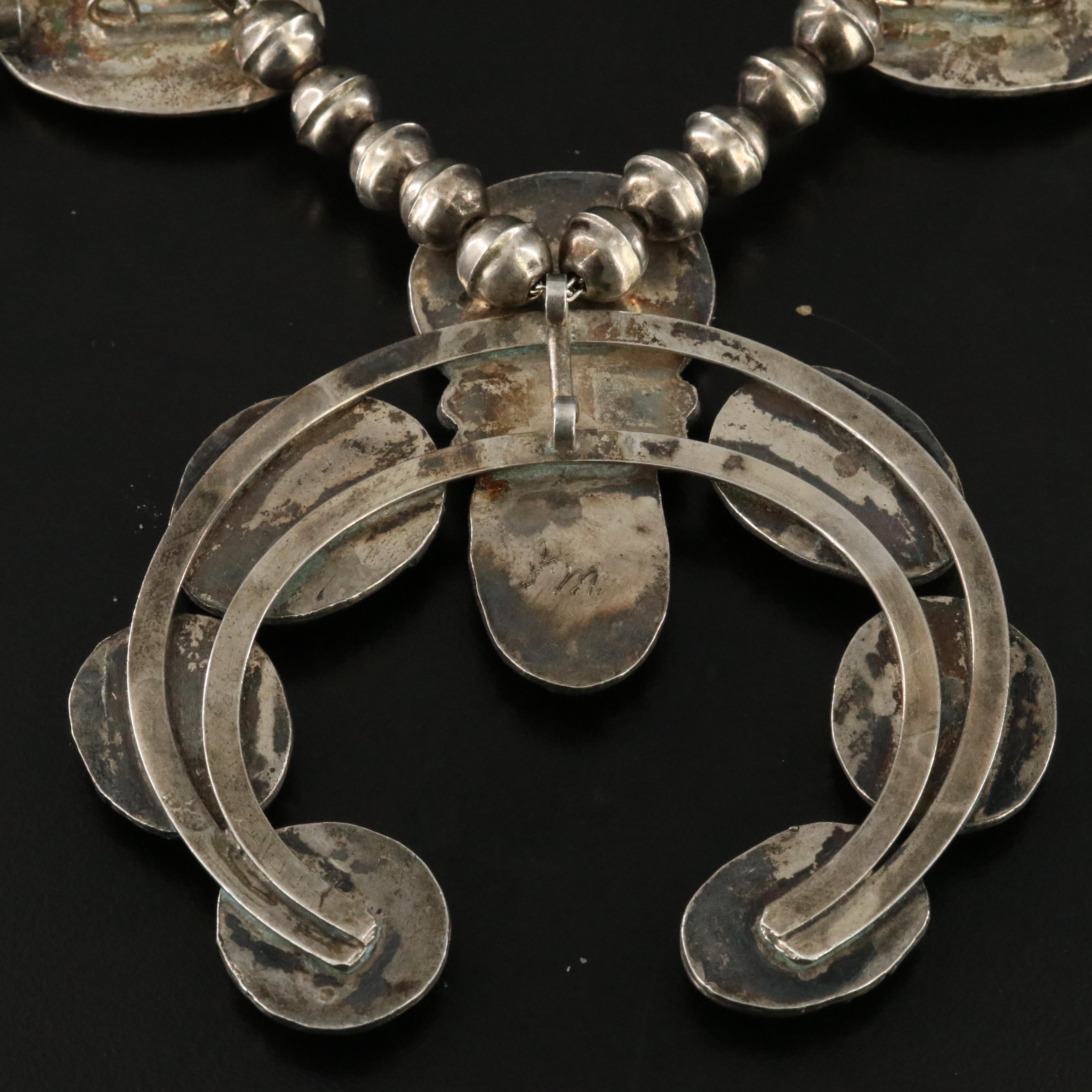 Vintage Southwestern Signed Sterling, Turquoise Squash Blossom Necklace