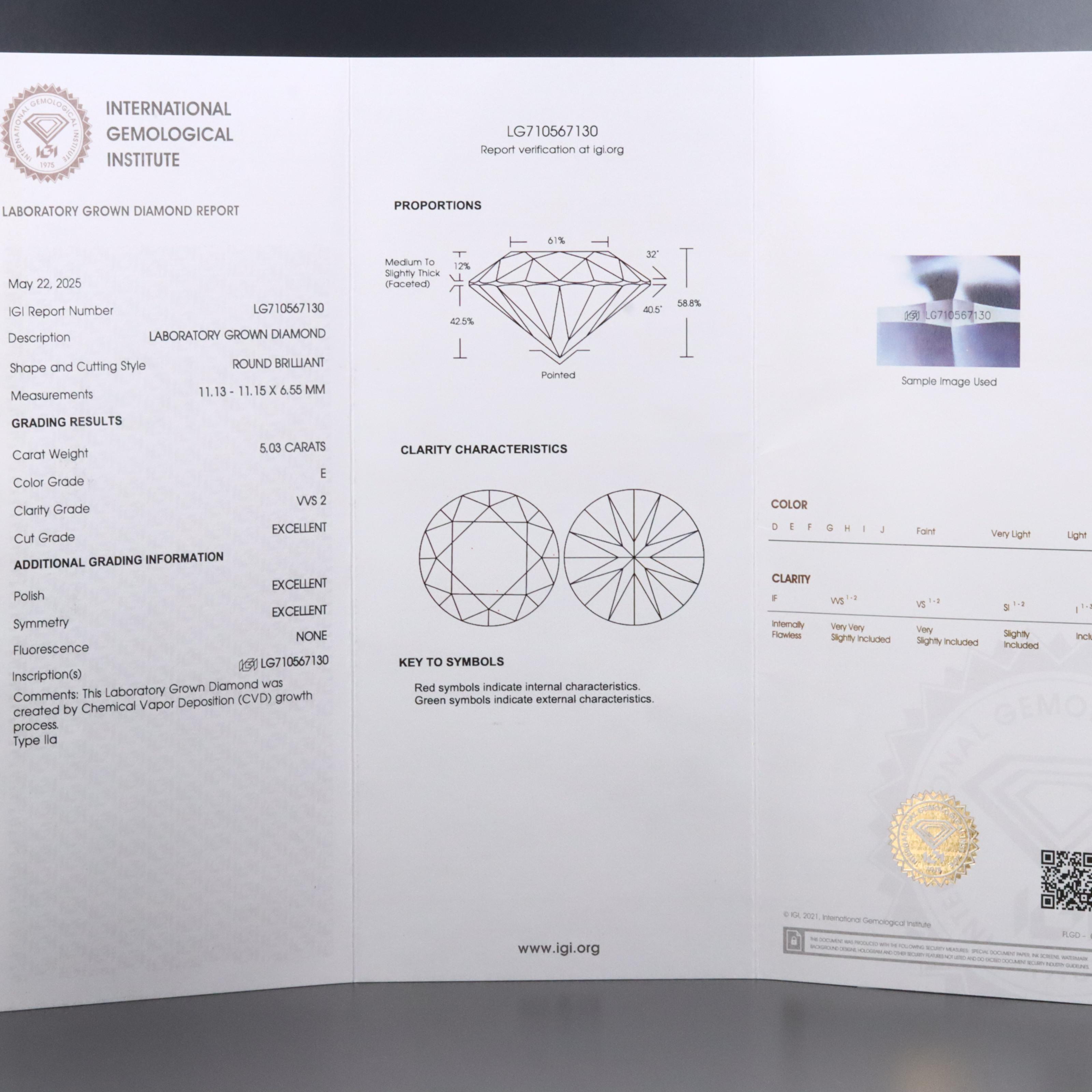 Loose 5.03 CT Lab Grown Diamond with IGI Report