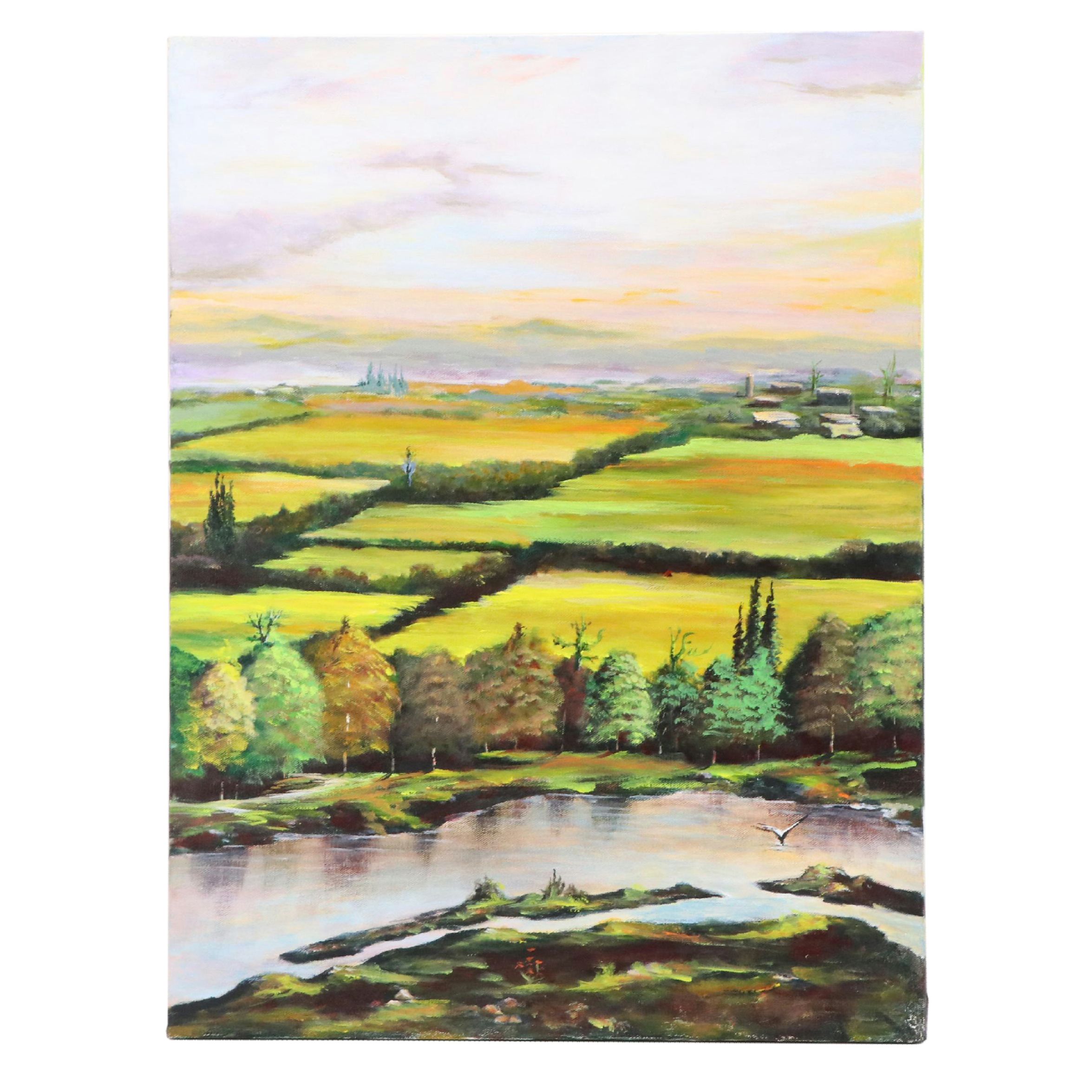 Rural Landscape Acrylic Painting with River and Distant Farms