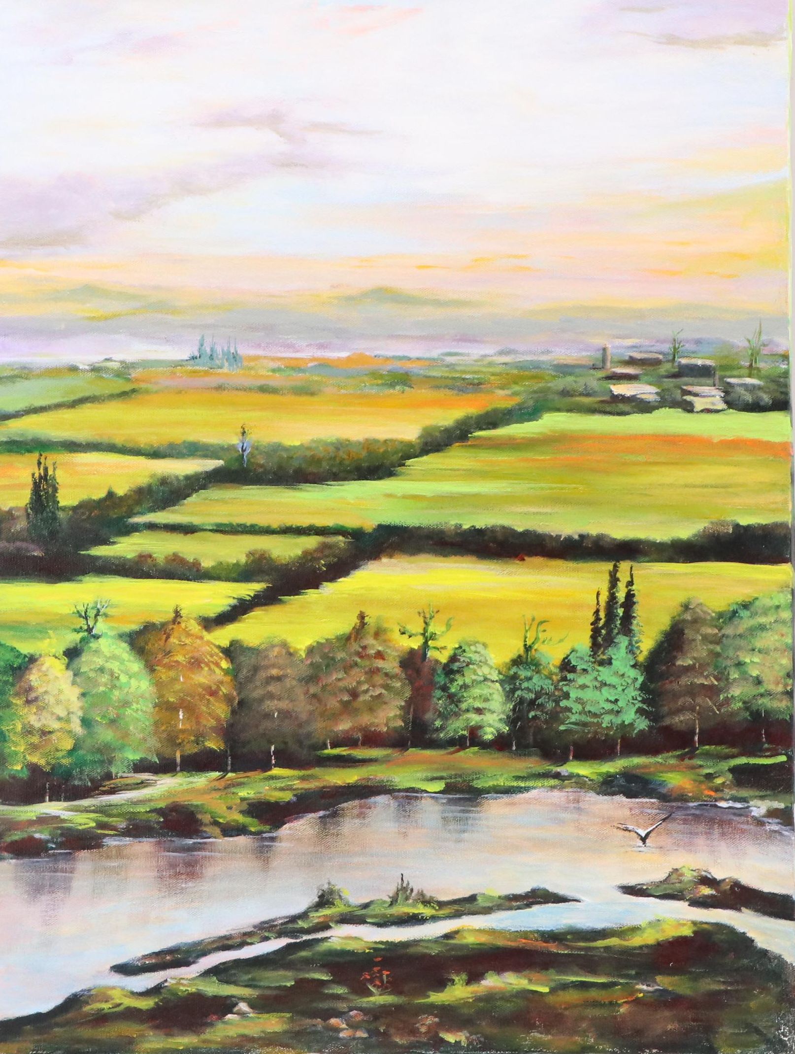 Rural Landscape Acrylic Painting with River and Distant Farms