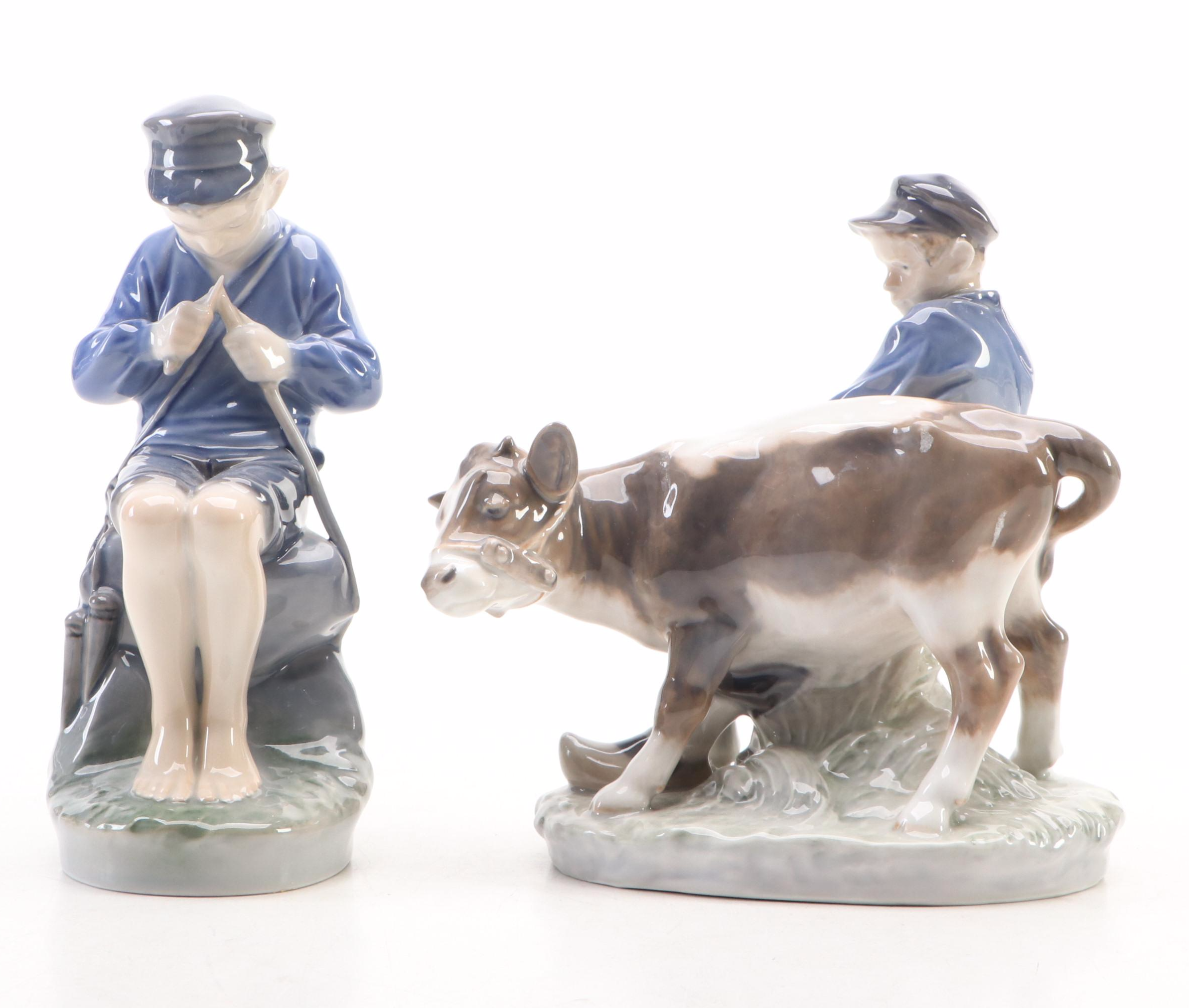 Royal Copenhagen Porcelain "Goose Girl," "Boy with Cow" and Other Figurines