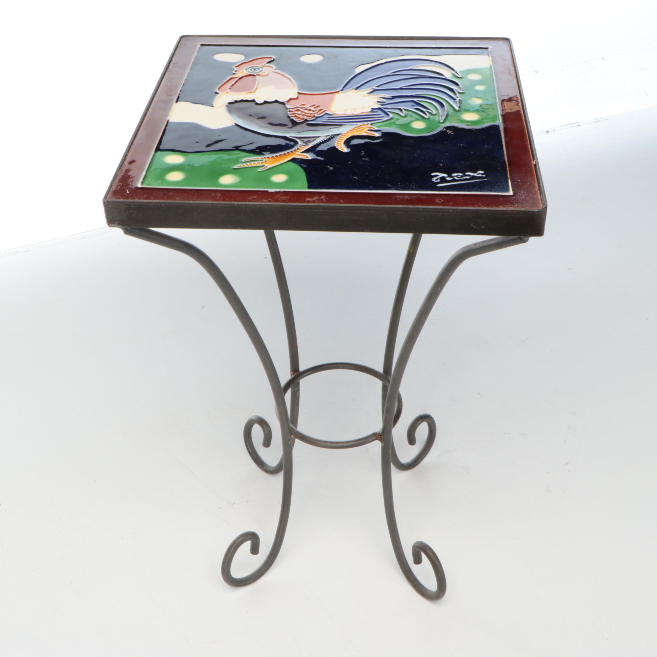 Rooster Ceramic Tile Top Wrought Metal Side Table
