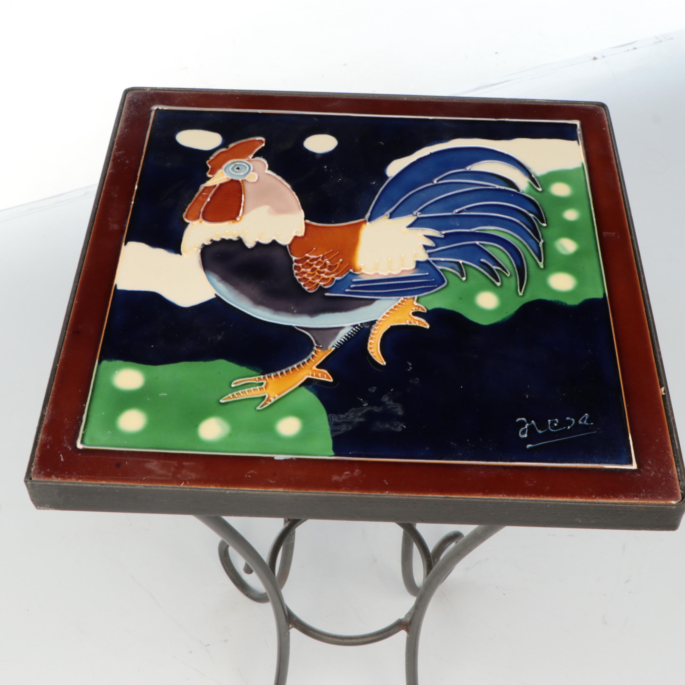 Rooster Ceramic Tile Top Wrought Metal Side Table