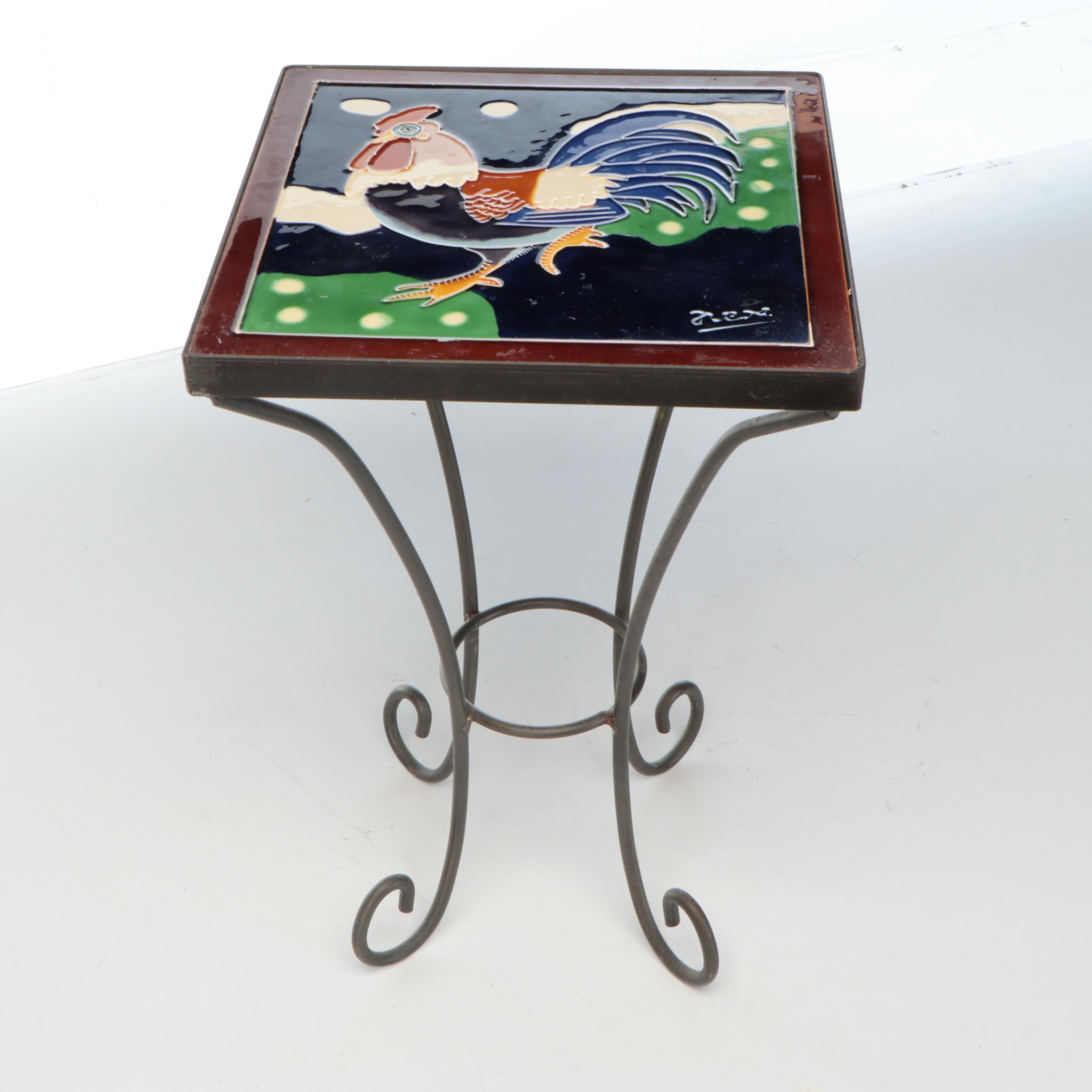Rooster Ceramic Tile Top Wrought Metal Side Table