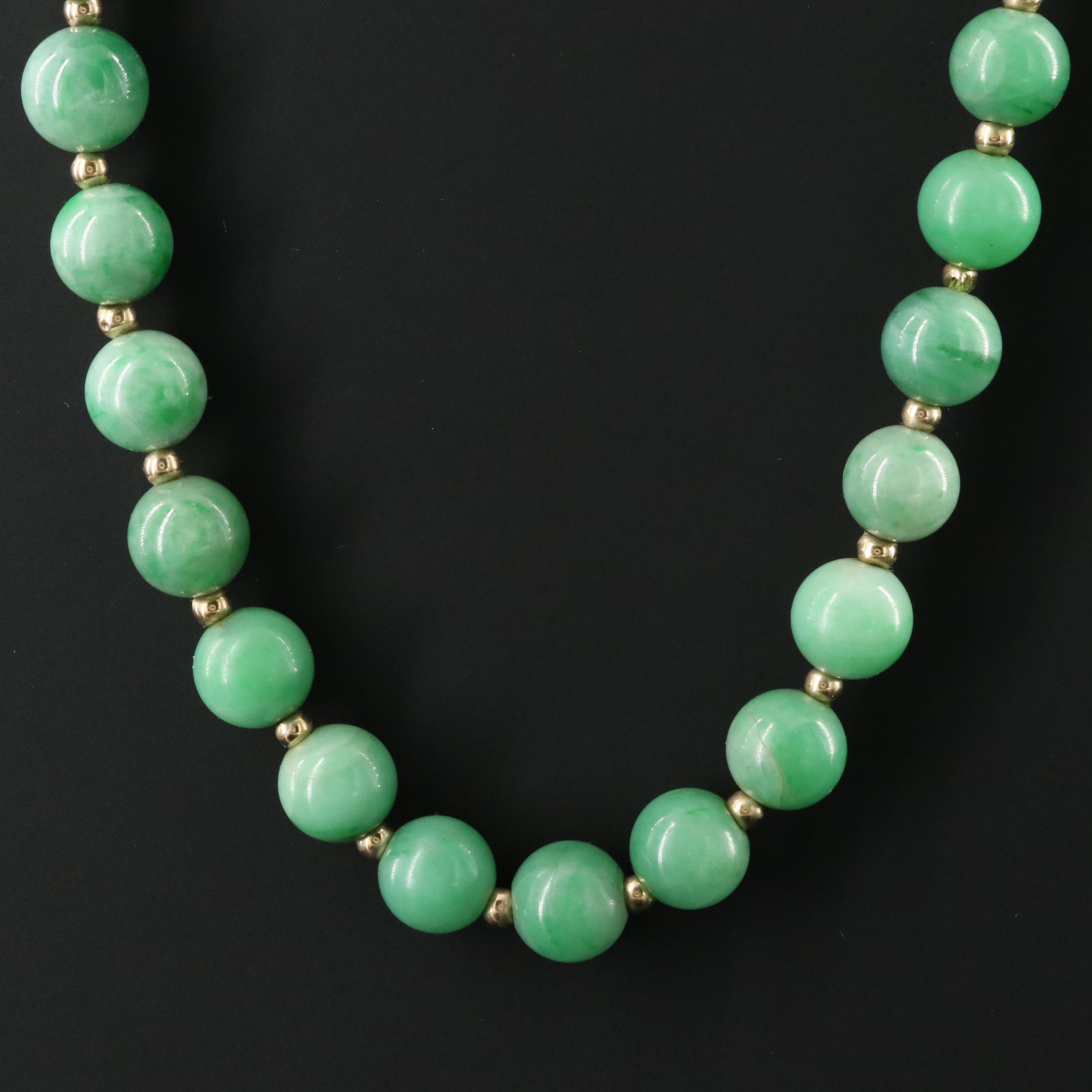 Chinese Jadeite Bead Necklace with 14K Beads and Clasp