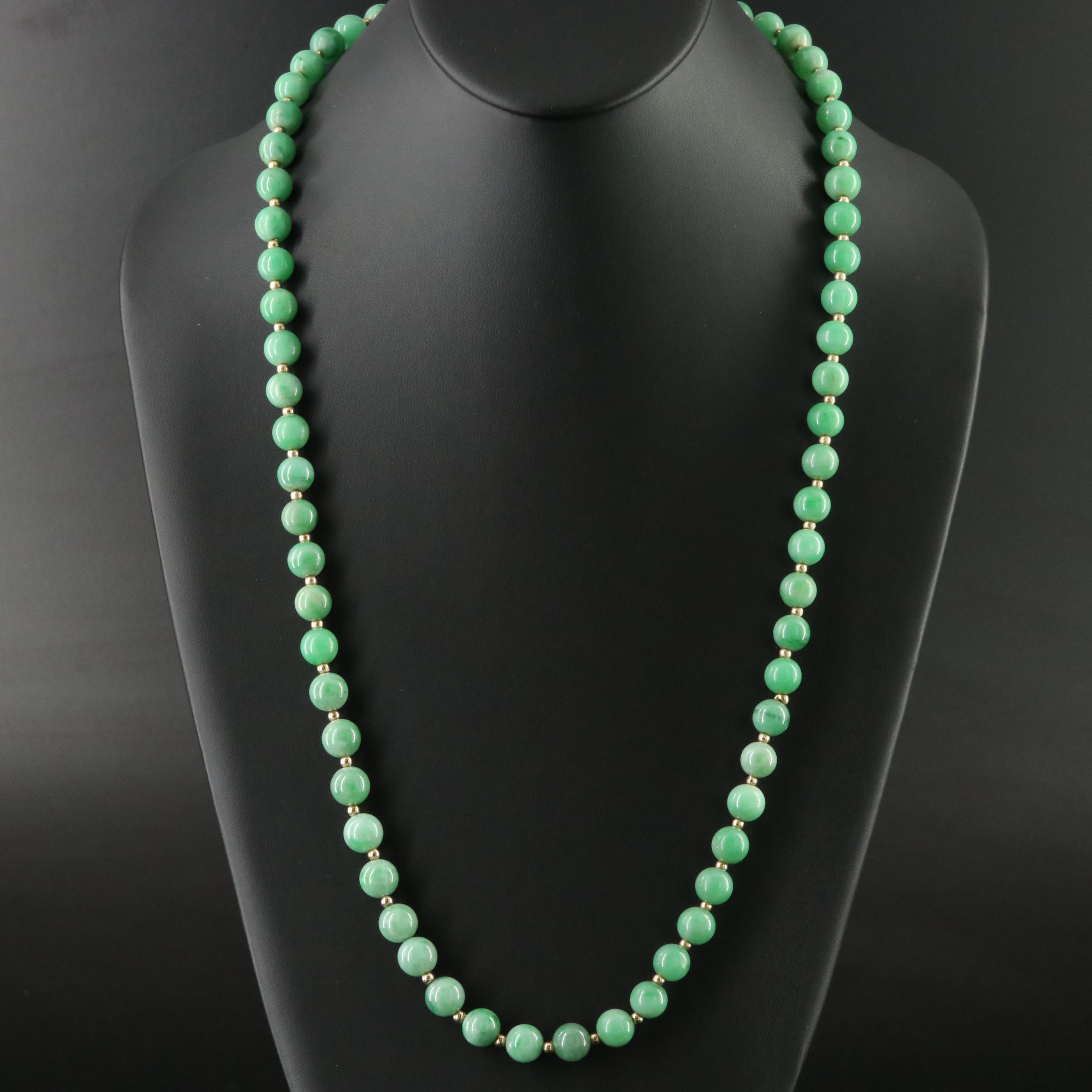 Chinese Jadeite Bead Necklace with 14K Beads and Clasp