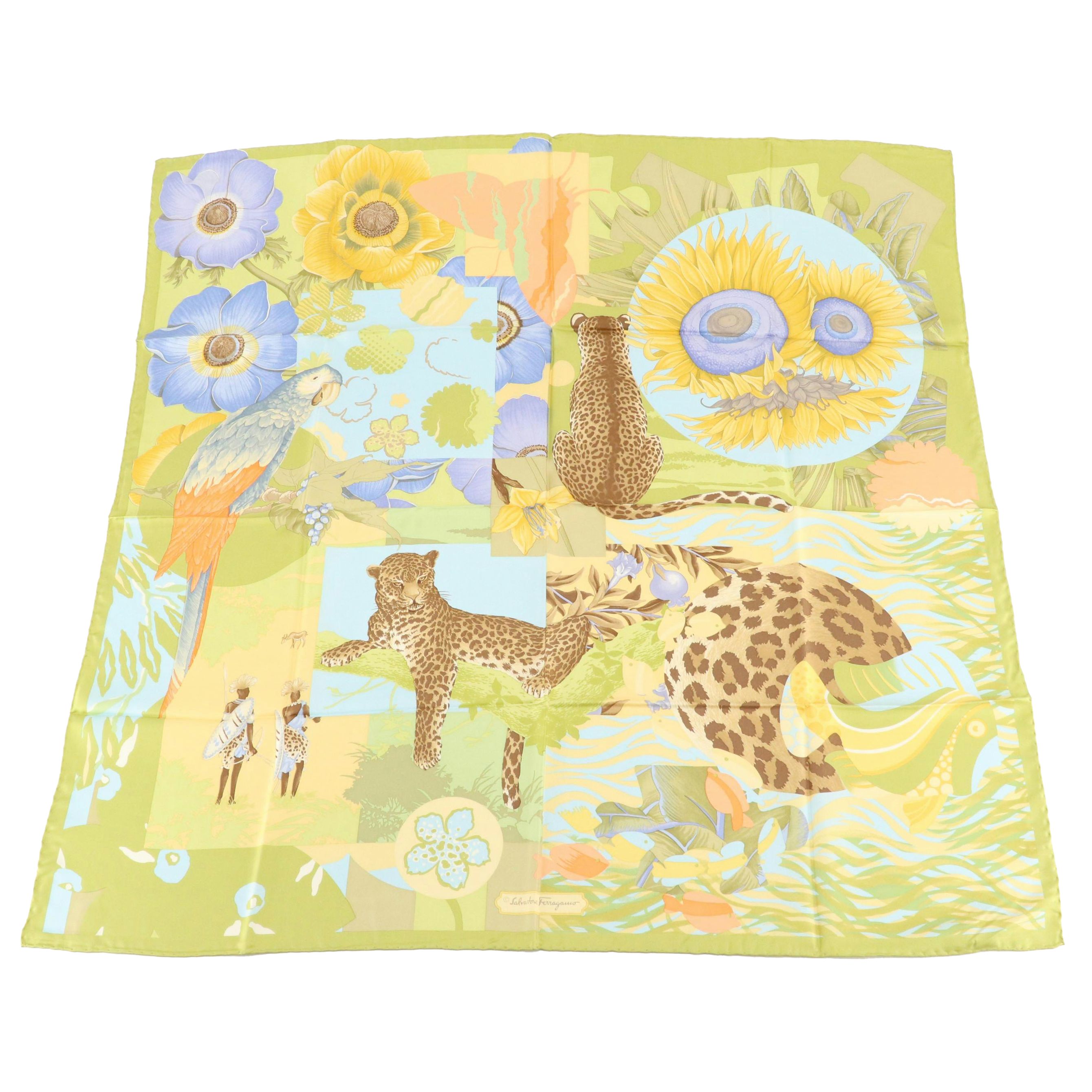 Salvatore Ferragamo African Flora and Fauna Scarf 90 in Silk Twill