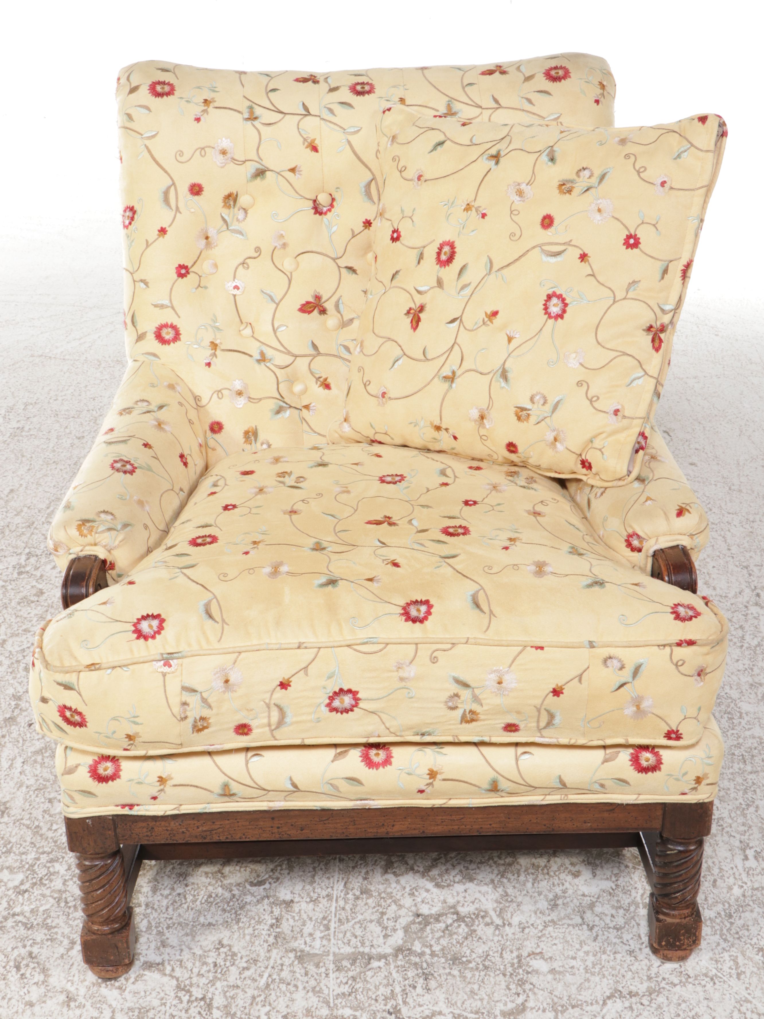 Jacobean Style Yellow Floral Fabric Upholstered Armchair, Mid-20th Century
