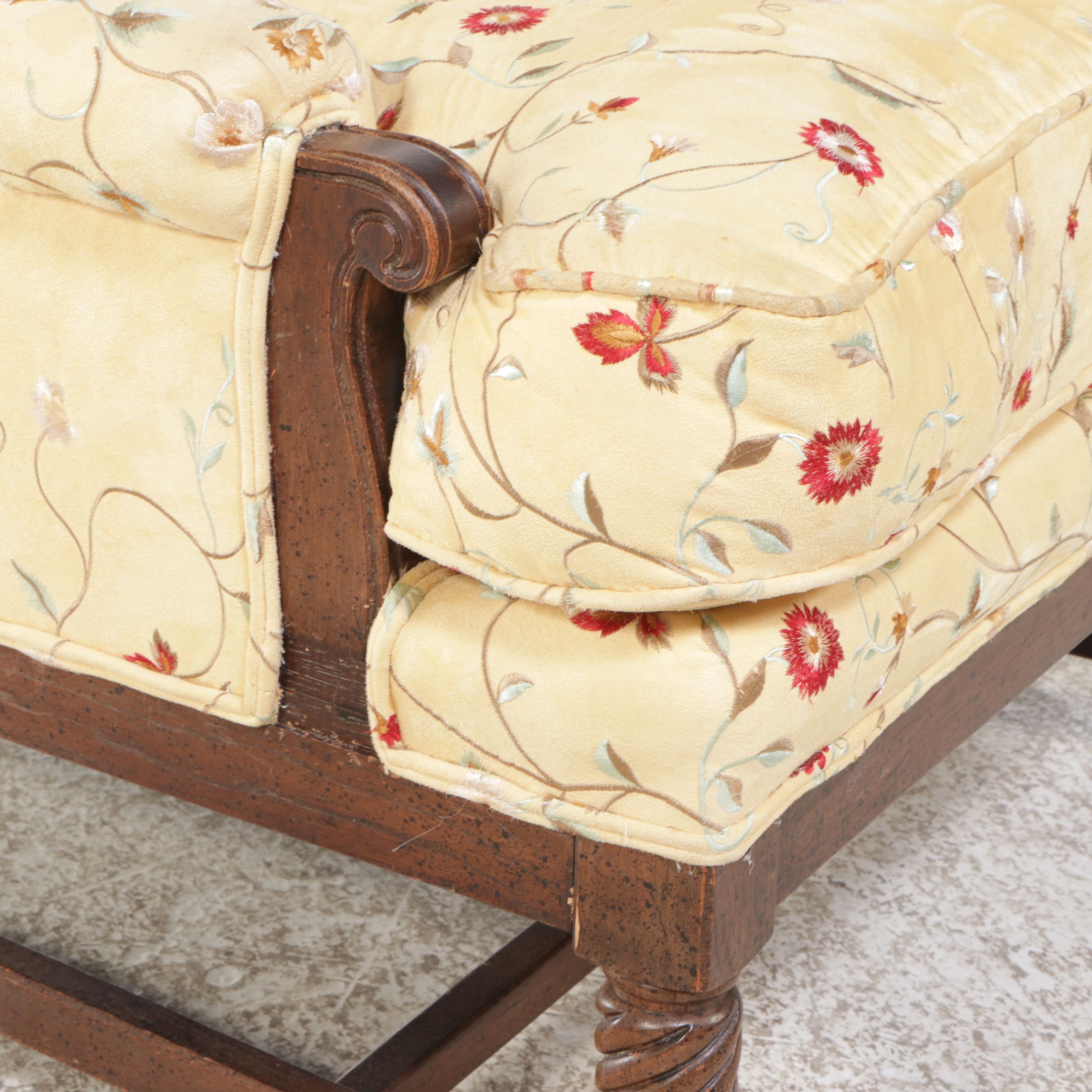 Jacobean Style Yellow Floral Fabric Upholstered Armchair, Mid-20th Century