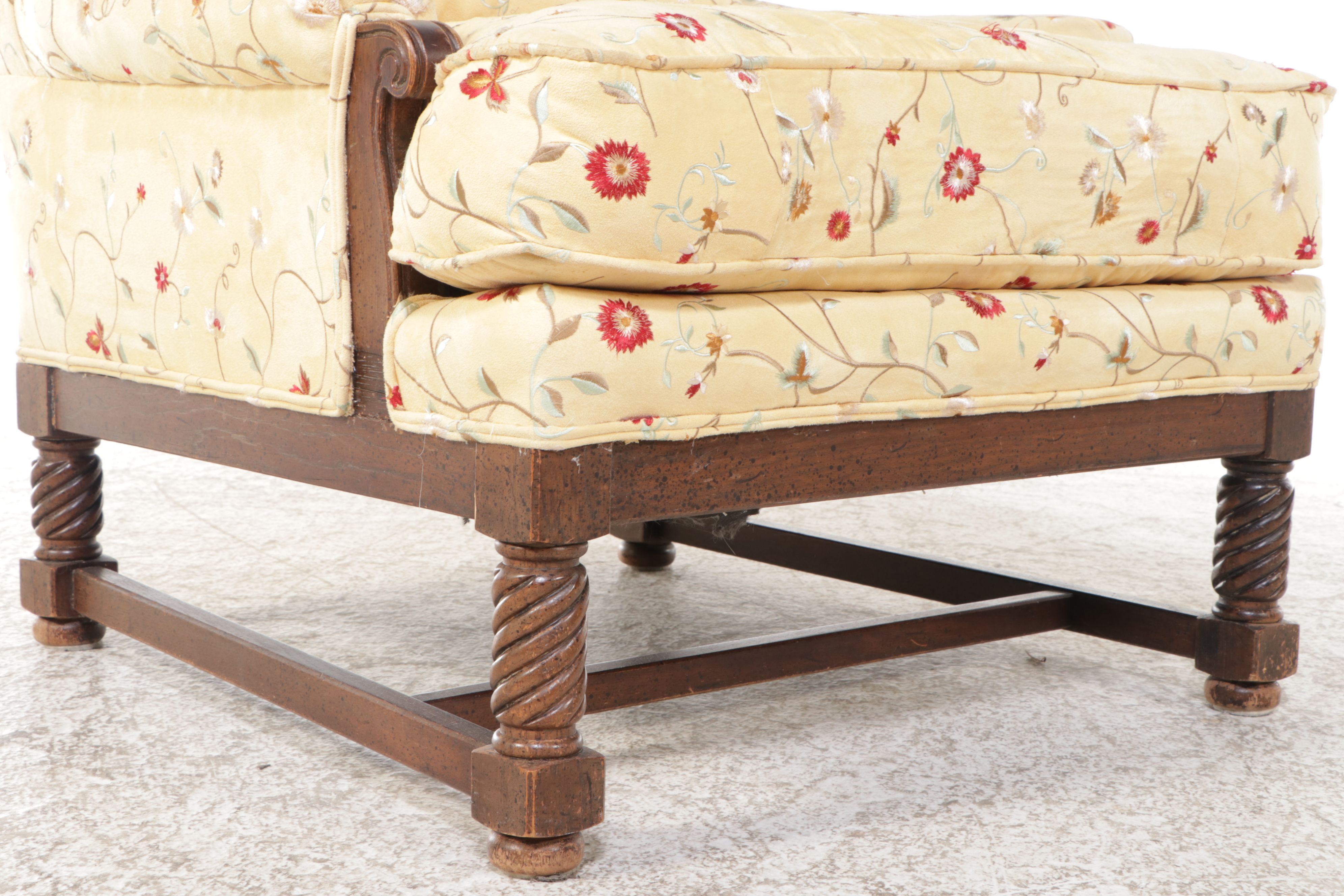 Jacobean Style Yellow Floral Fabric Upholstered Armchair, Mid-20th Century