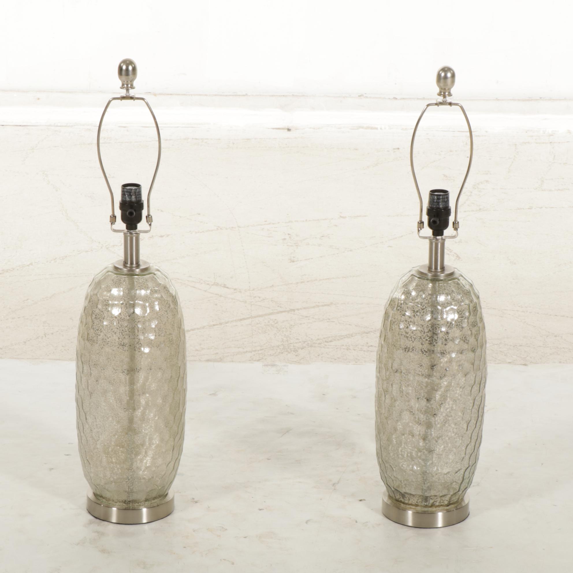 Pair of Dimpled Mercury Glass Table Lamps with Cotton Drum Shades