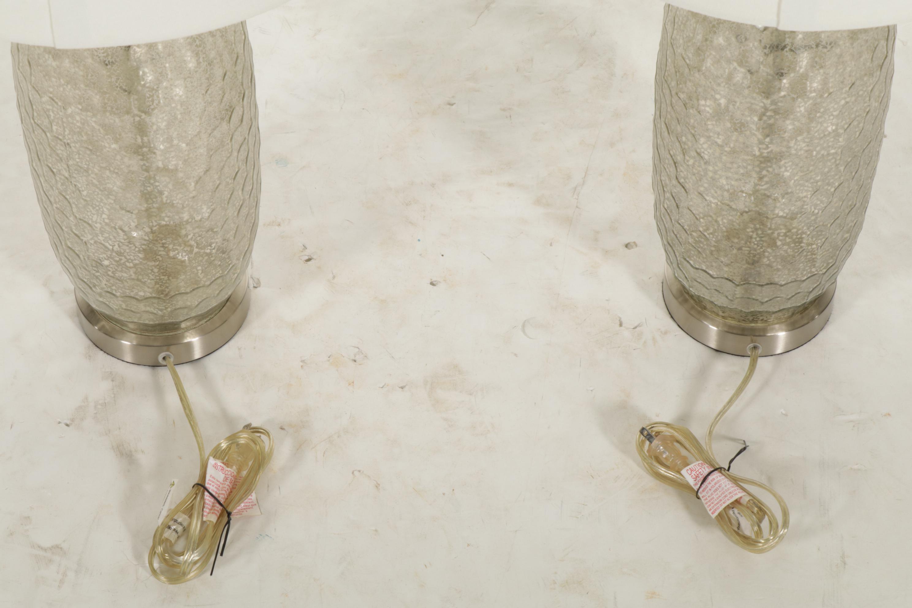 Pair of Dimpled Mercury Glass Table Lamps with Cotton Drum Shades