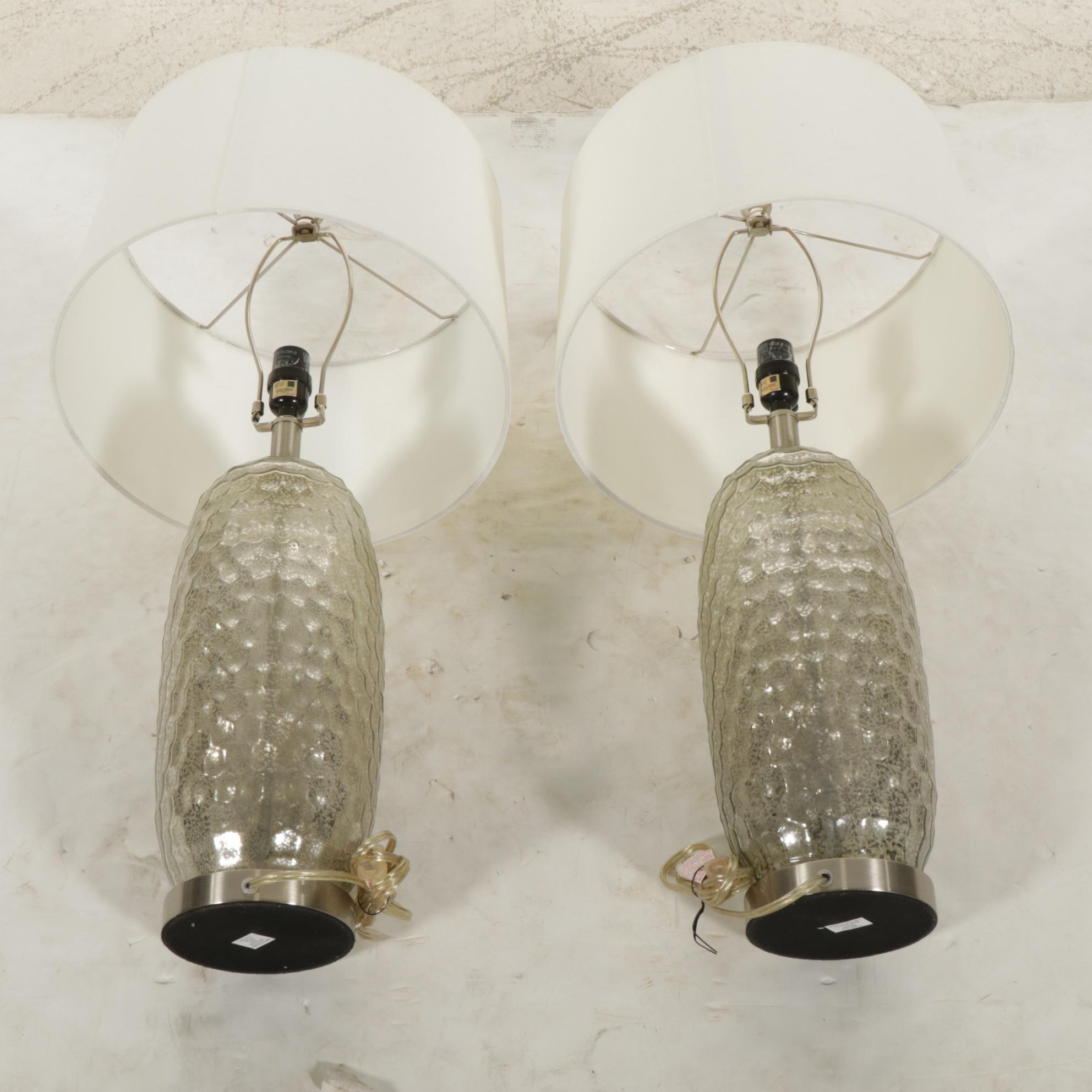Pair of Dimpled Mercury Glass Table Lamps with Cotton Drum Shades