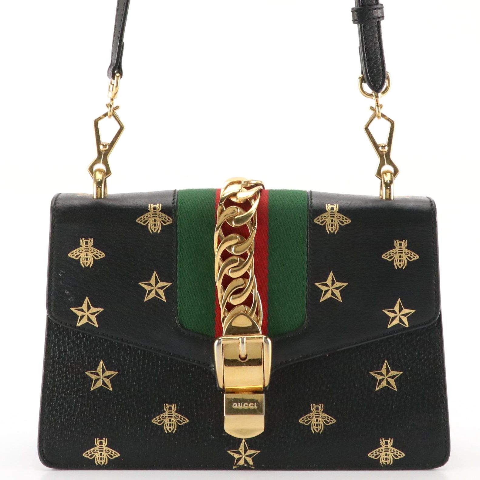 Gucci Sylvie Crossbody Bag in Black Bee Star Printed Calfskin Leather