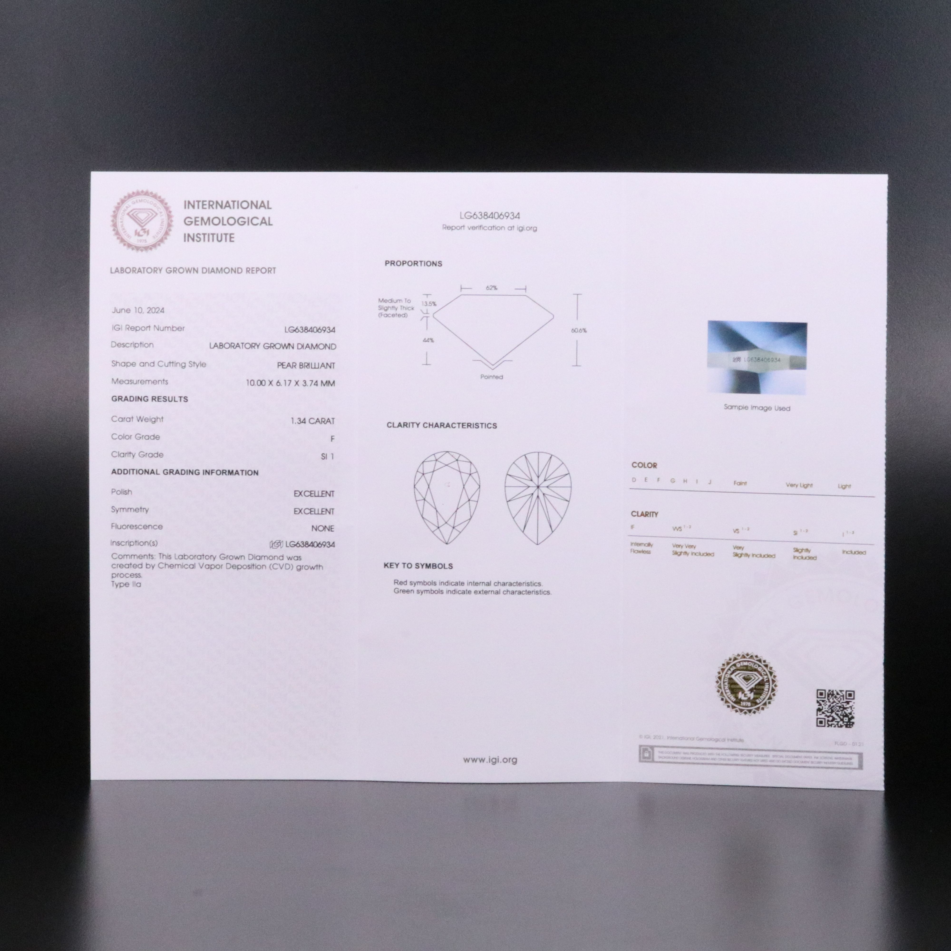 Loose 1.34 CT Lab Grown Diamond with IGI Report