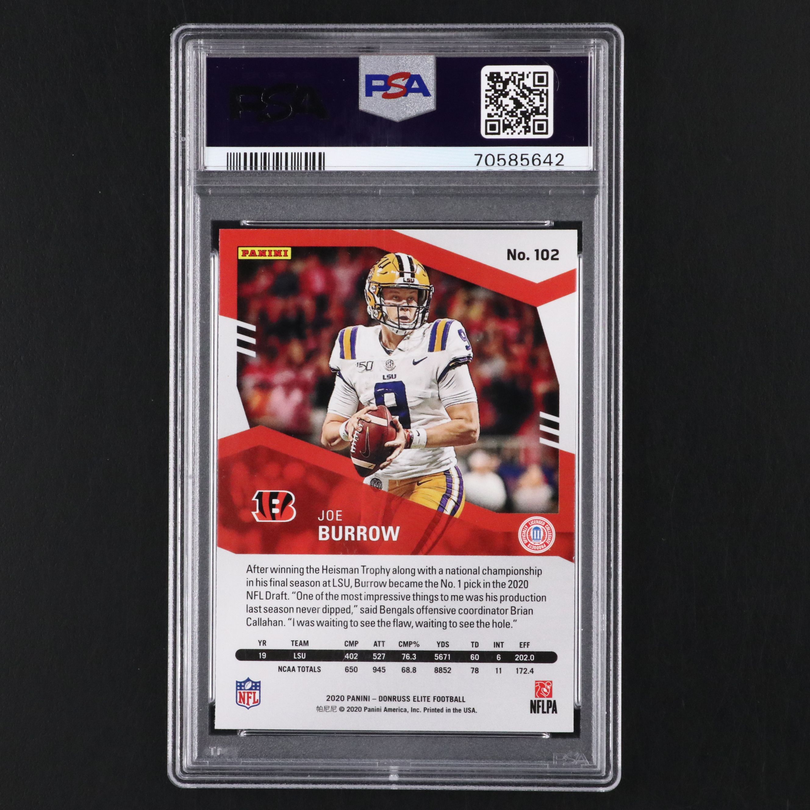 2020 Donruss Elite Joe Burrow Rookie Football Card Graded PSA 10