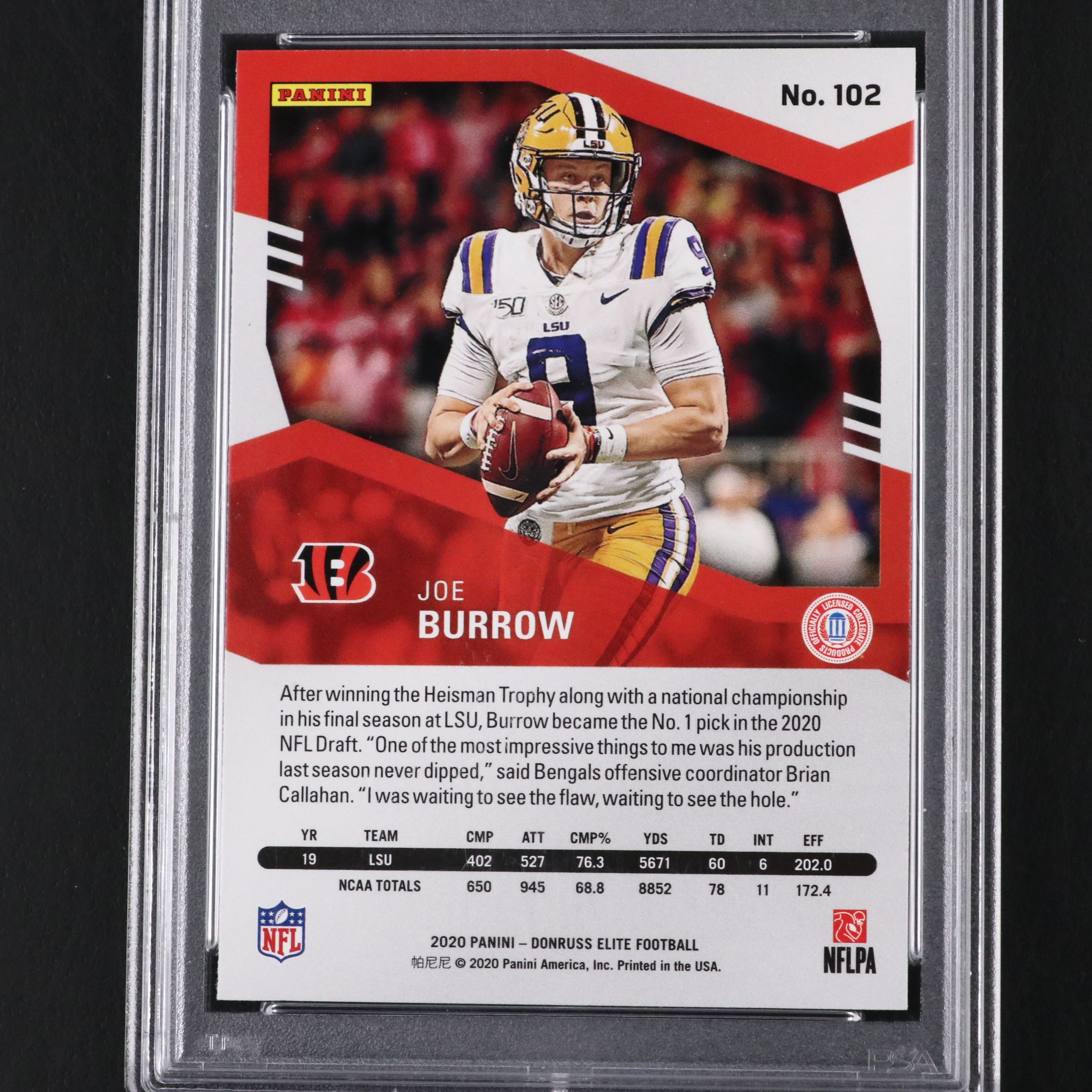2020 Donruss Elite Joe Burrow Rookie Football Card Graded PSA 10