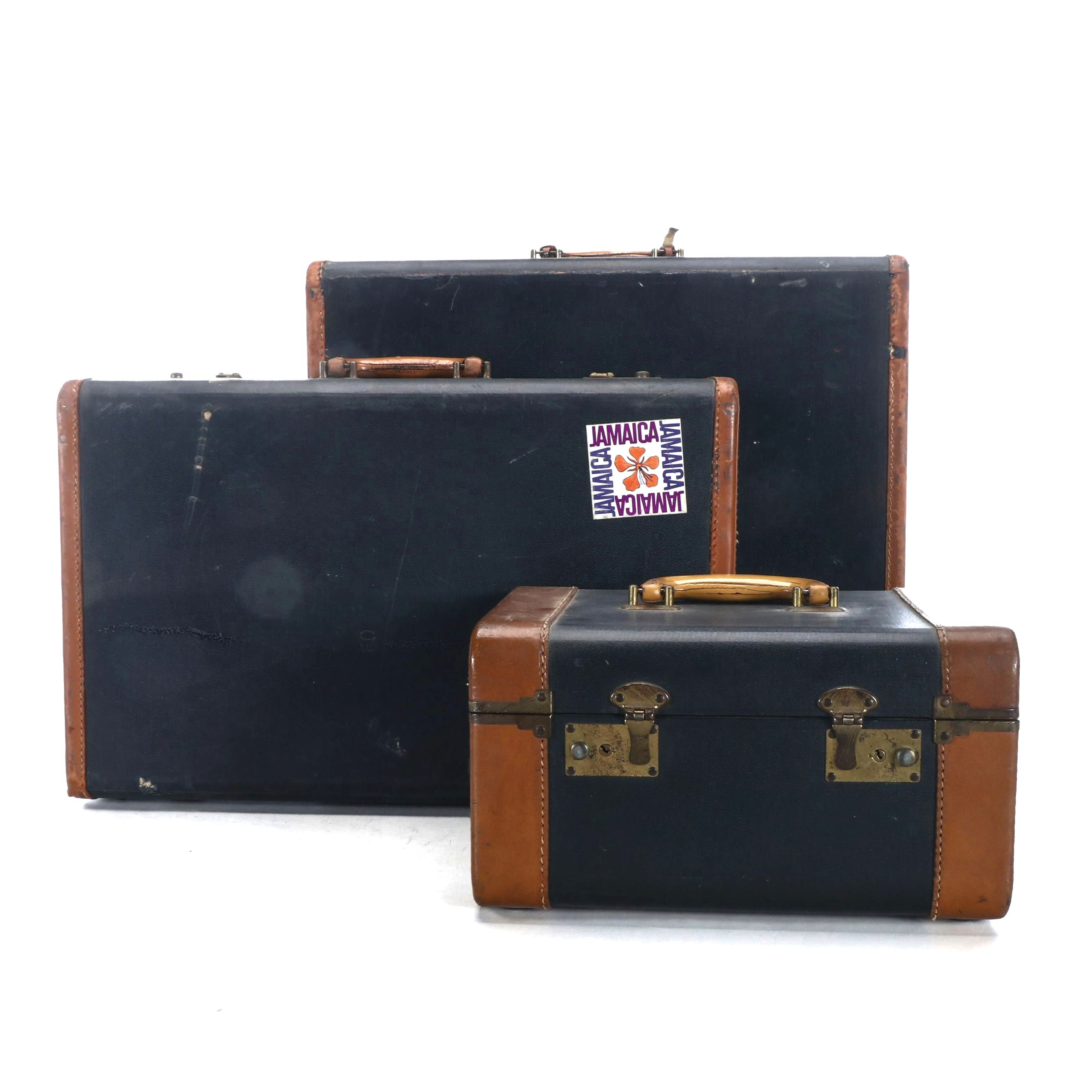 Collection of Leather-Trimmed Wood Handle Hardside Suitcases and Vanity Bag
