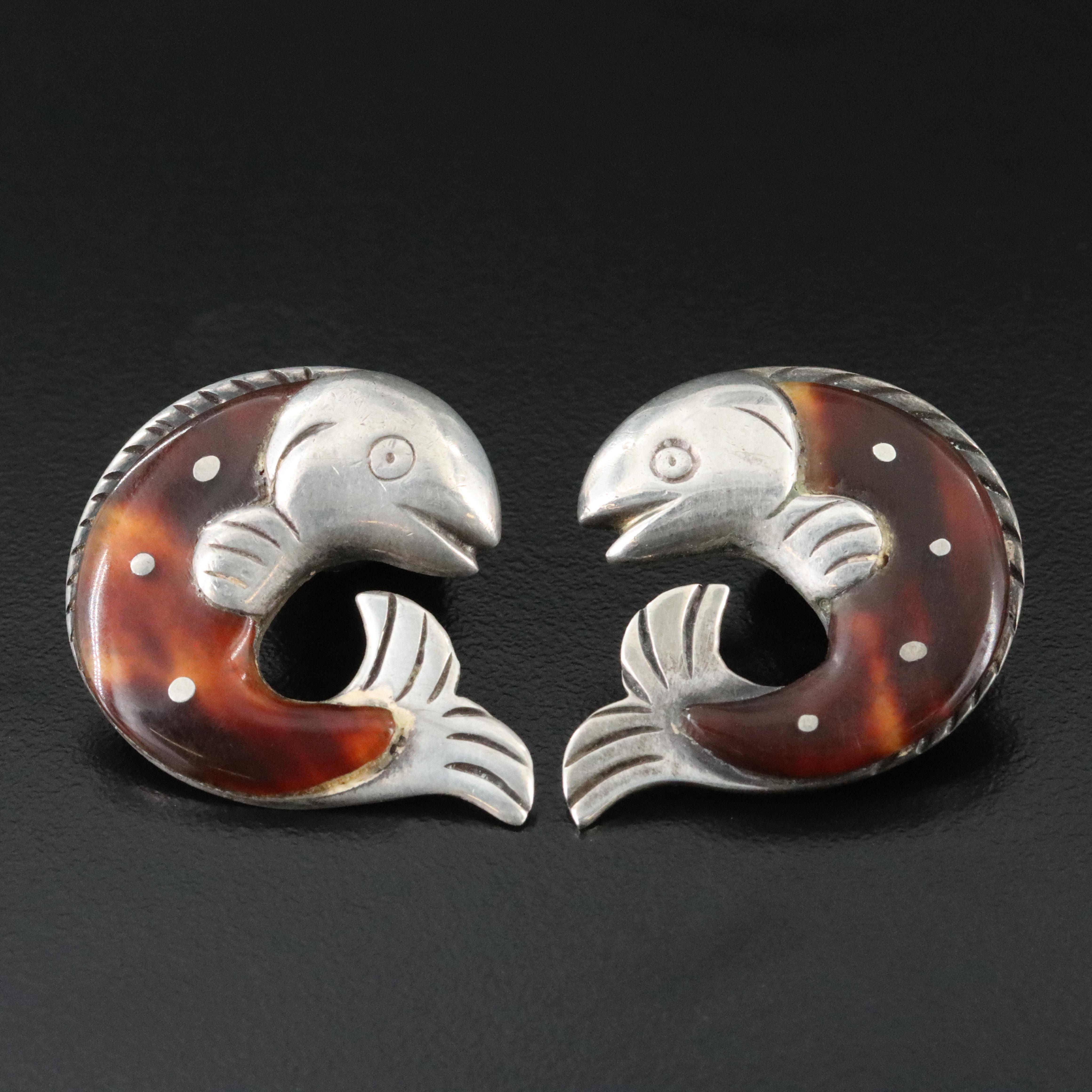 William Spratling Sterling Tortoise Shell Fish Brooch Pair