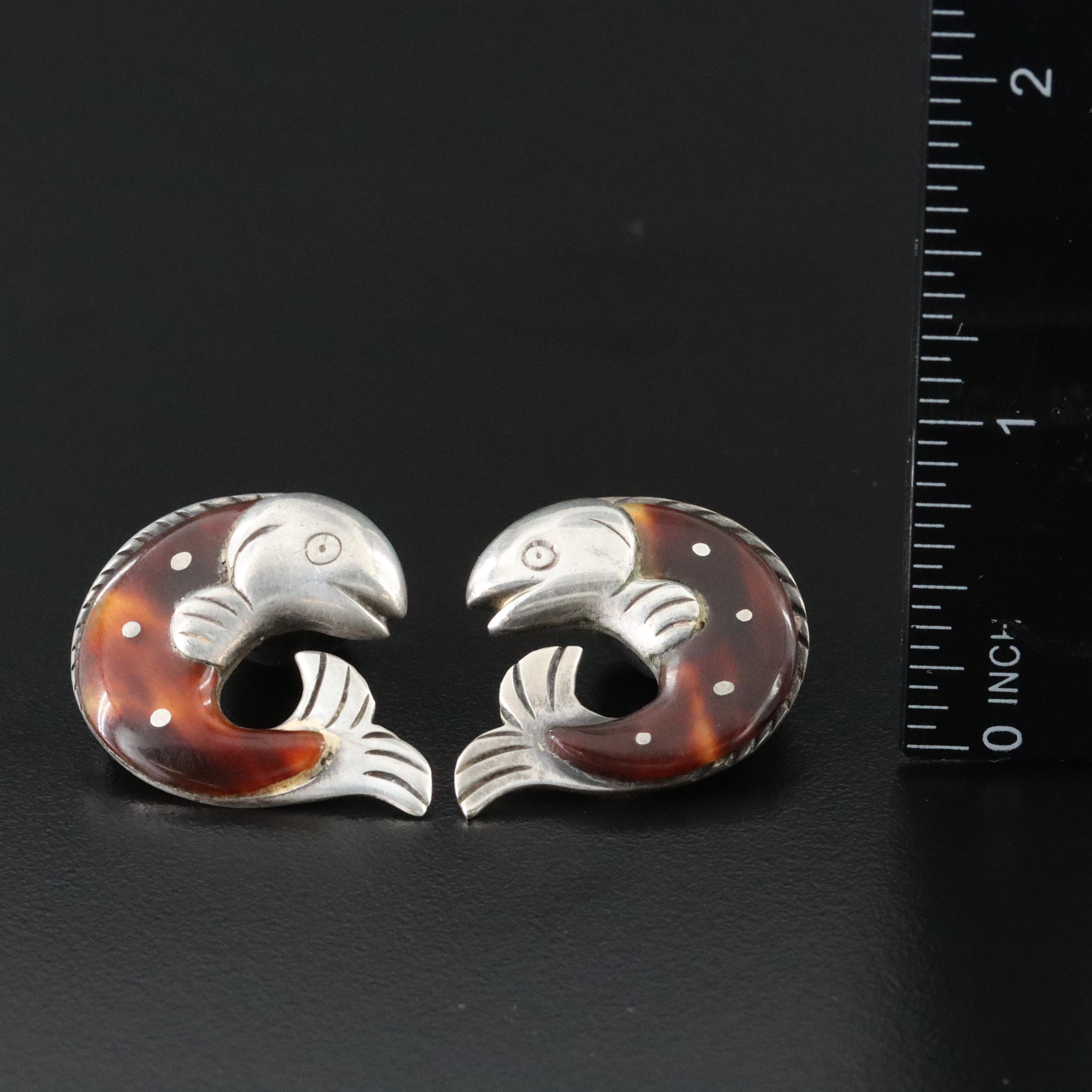 William Spratling Sterling Tortoise Shell Fish Brooch Pair