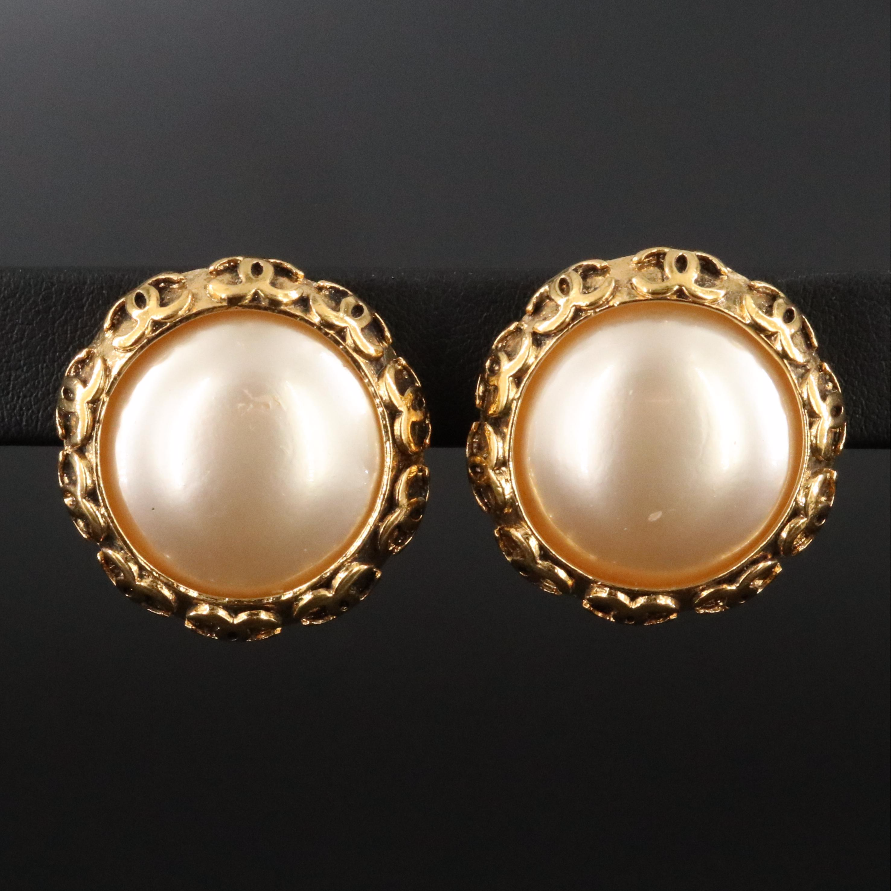 Chanel CC Faux Pearl Clip Earrings 1994