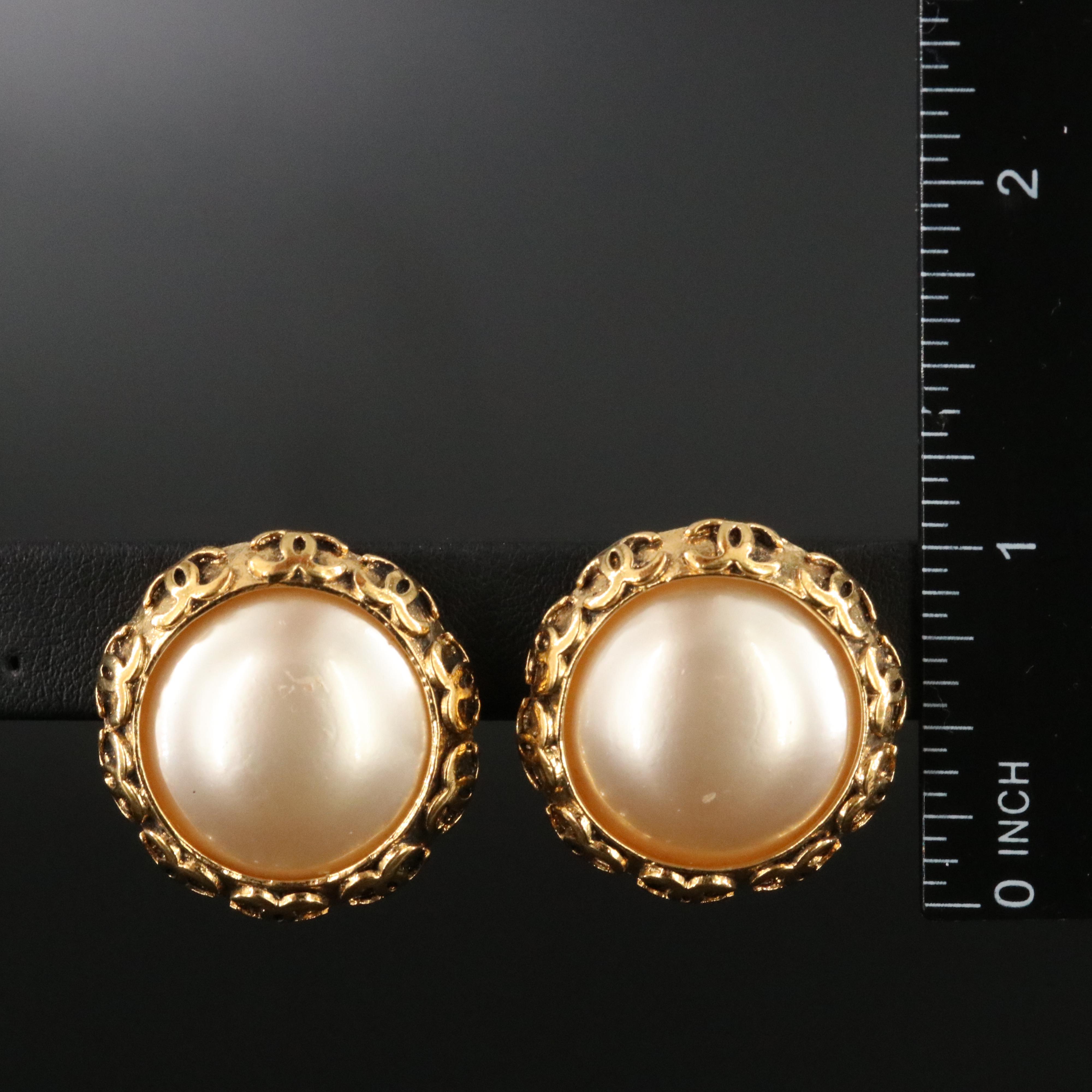 Chanel CC Faux Pearl Clip Earrings 1994