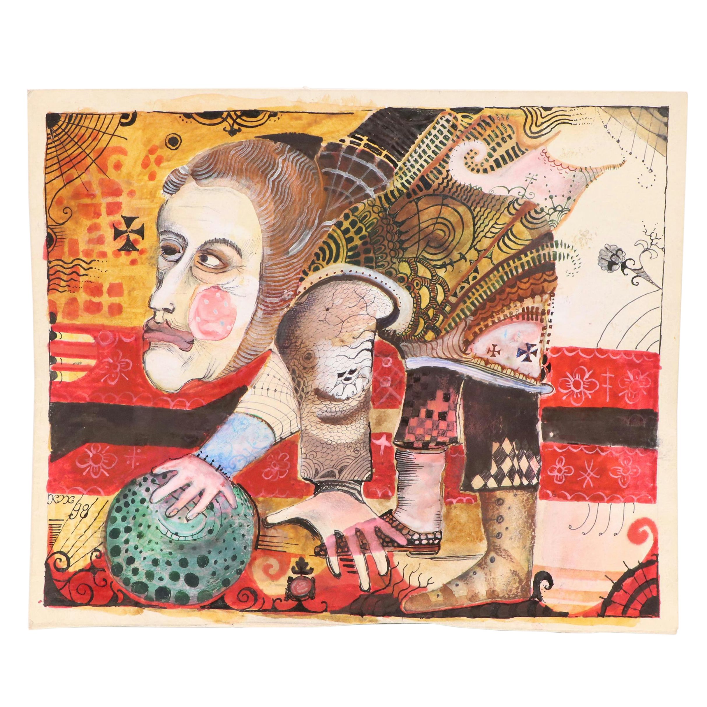 Nikolay "Kuk" Manuylov Figural Surrealist Mixed Media Painting, 1998