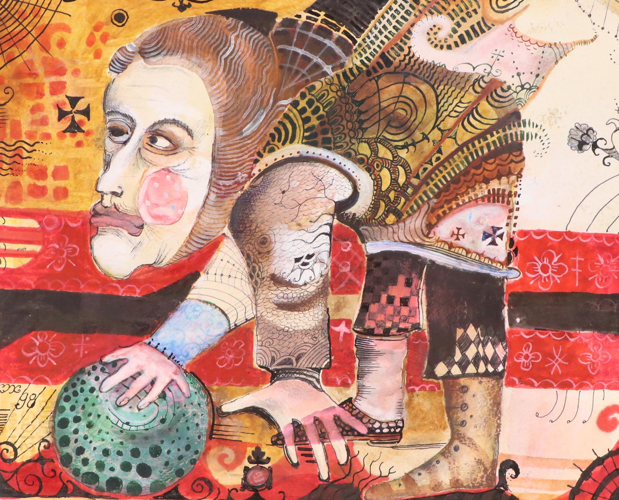 Nikolay "Kuk" Manuylov Figural Surrealist Mixed Media Painting, 1998