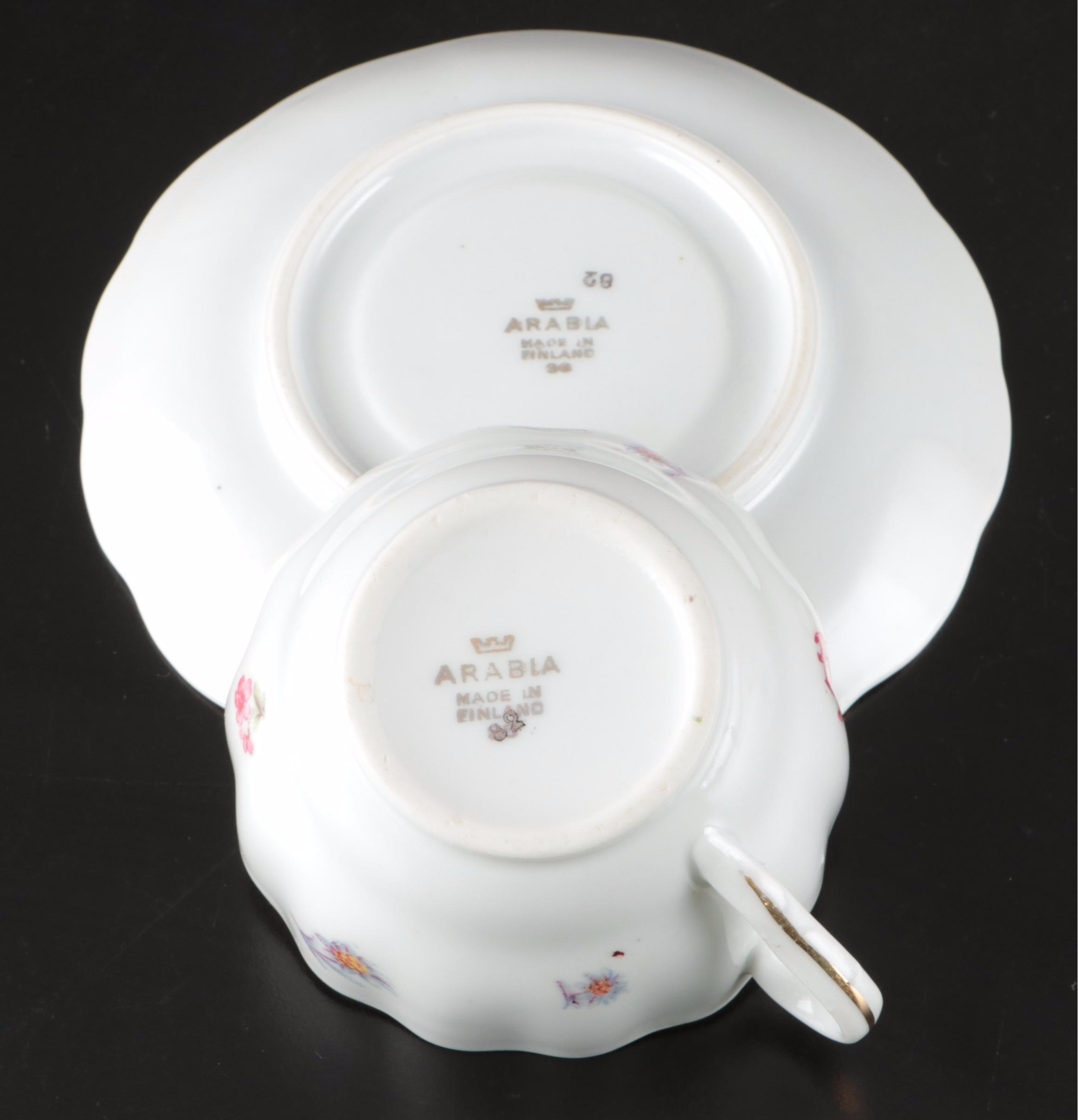 Arabia Floral Porcelain Teacups and Saucers