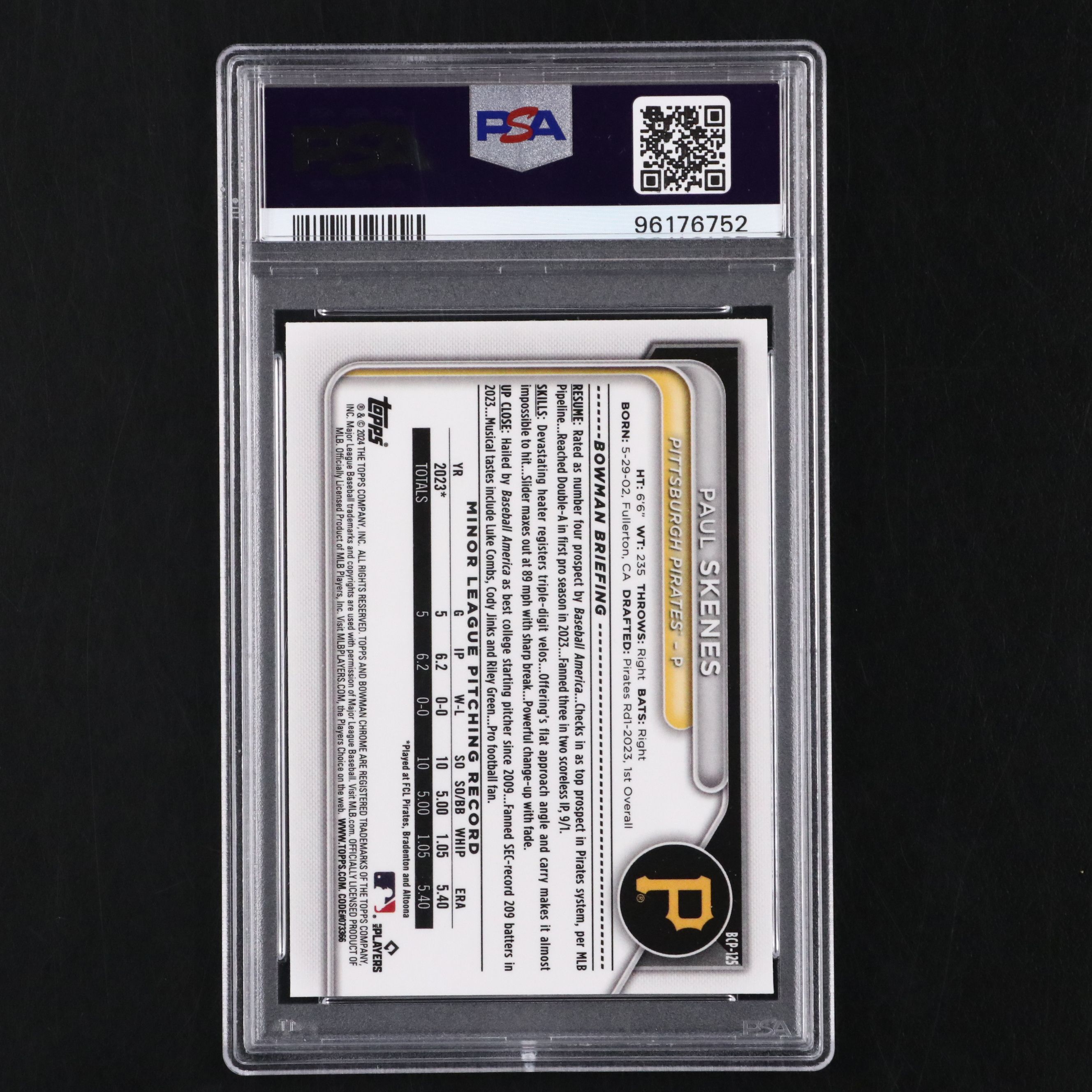 2024 Bowman Chrome Paul Skenes Mega Box Refractor Prospect Card Graded PSA 10