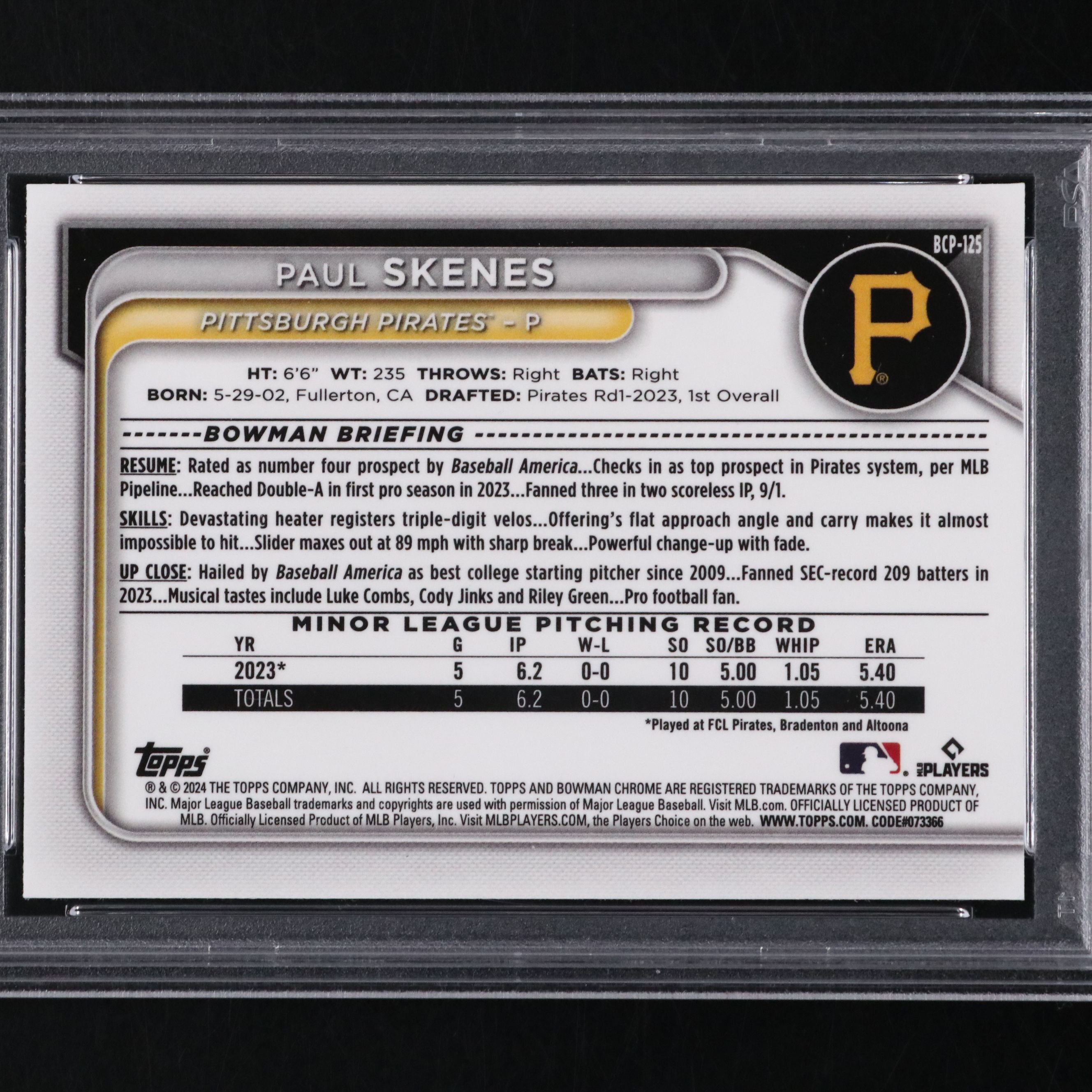 2024 Bowman Chrome Paul Skenes Mega Box Refractor Prospect Card Graded PSA 10