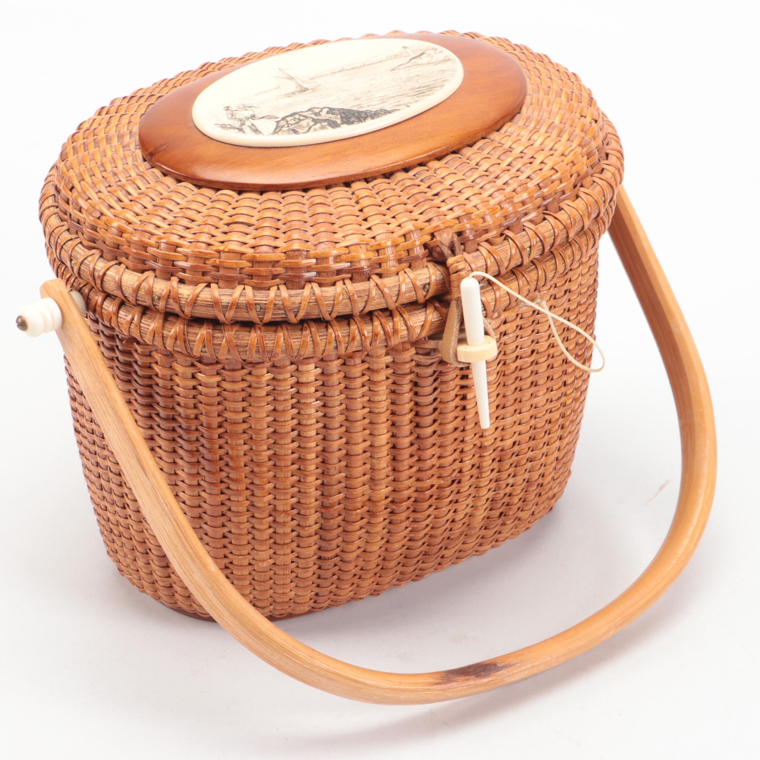Vintage Barlow Nantucket Basket with Woven Bucket Basket Handbag