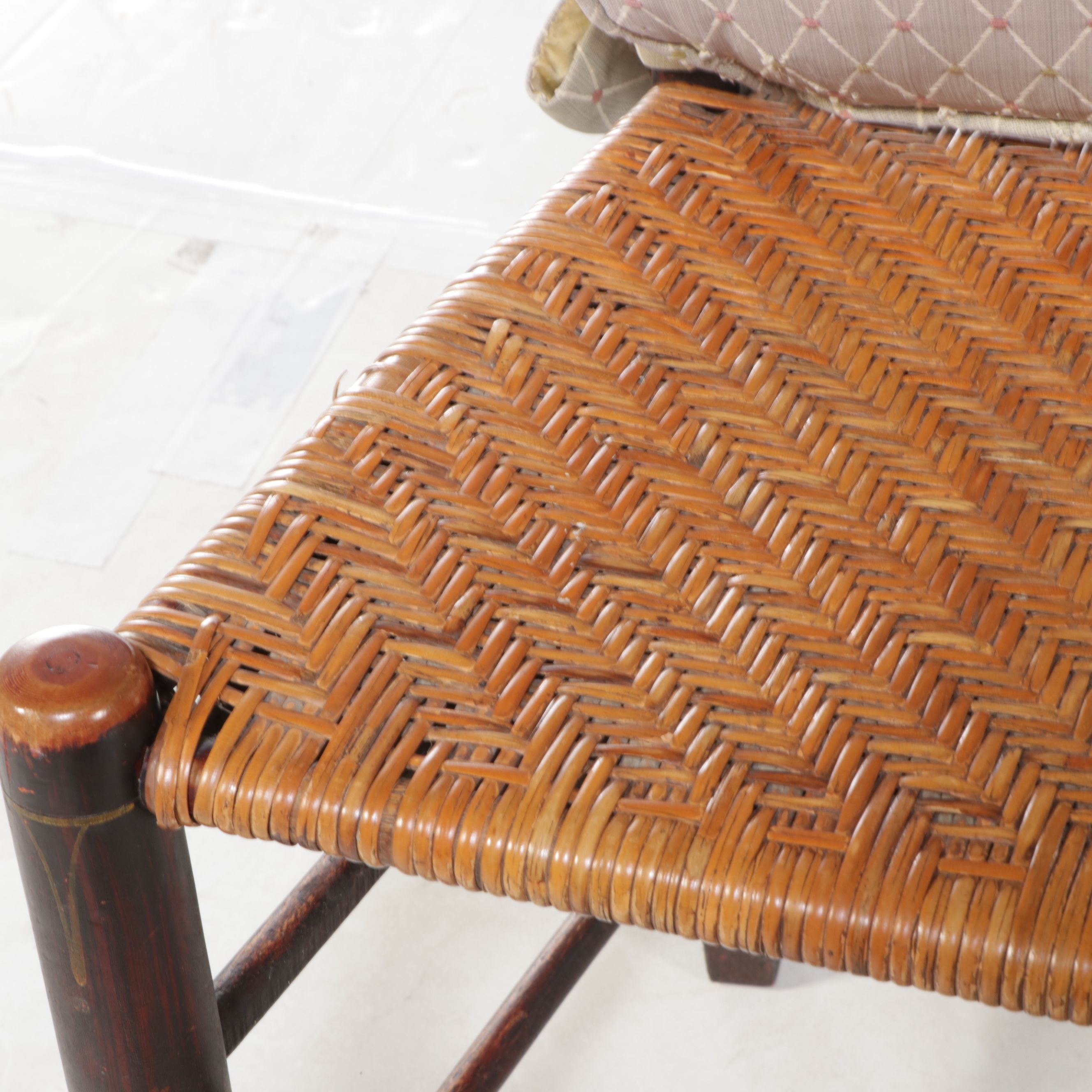 Set of Six American Primitive Painted Wood Dining Chairs with Woven Cane Seats