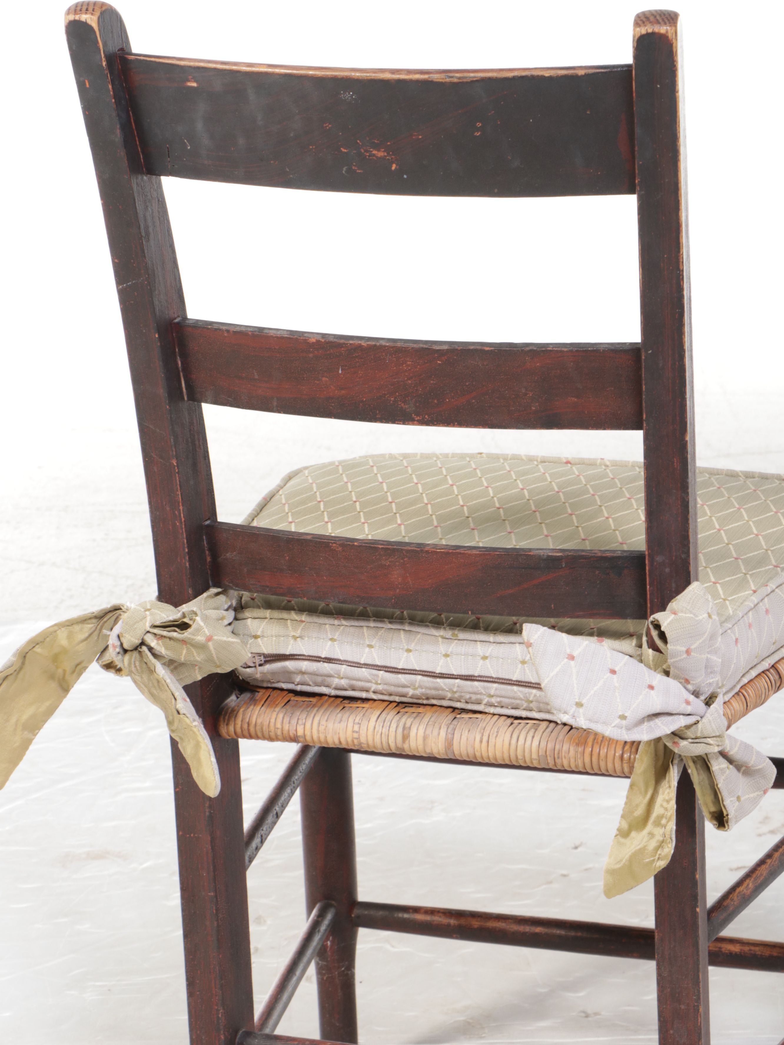 Set of Six American Primitive Painted Wood Dining Chairs with Woven Cane Seats